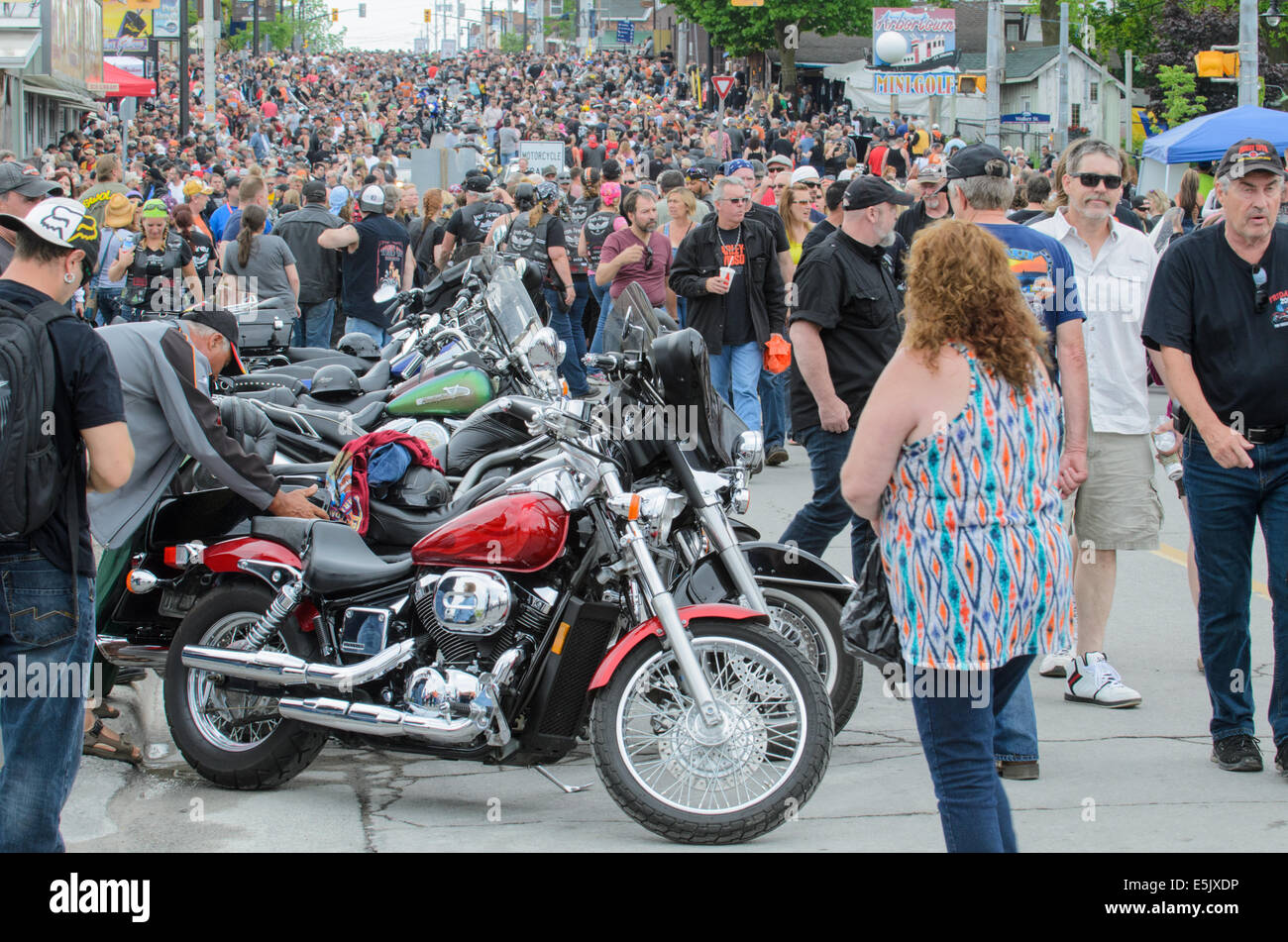 Vue de la foule assistant à la 'Vendredi 13' rallye moto à Port Dover, en Ontario, Canada. Banque D'Images