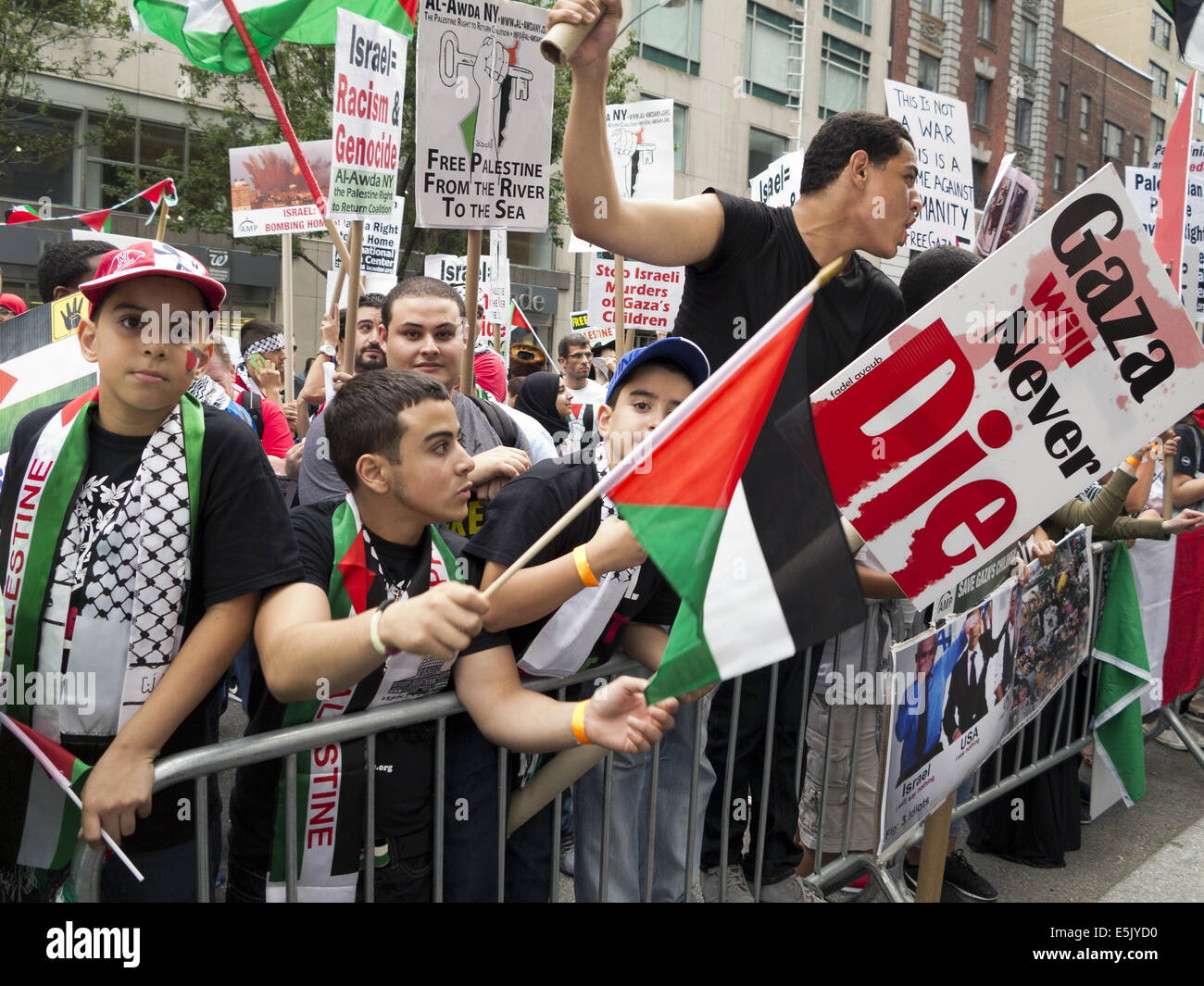 USA : New York, NY. Pro-Palestinian démonstration à Columbus Circle, qui protestent contre les attaques israéliennes contre Gaza, le 1 août 2014. Banque D'Images