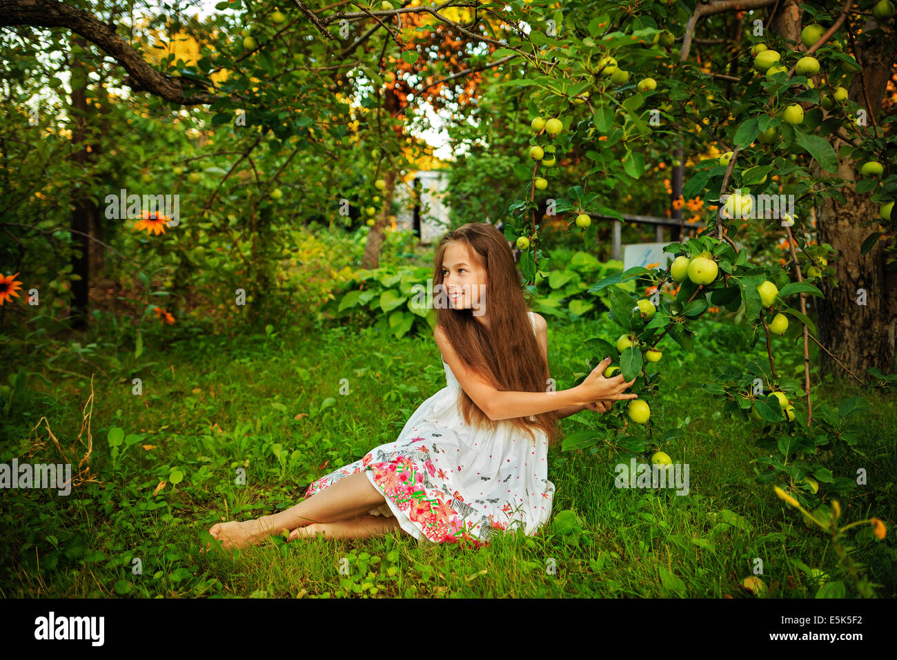 Cute girl marche pieds nus dans le jardin près de l'apple tree Photo Stock  - Alamy
