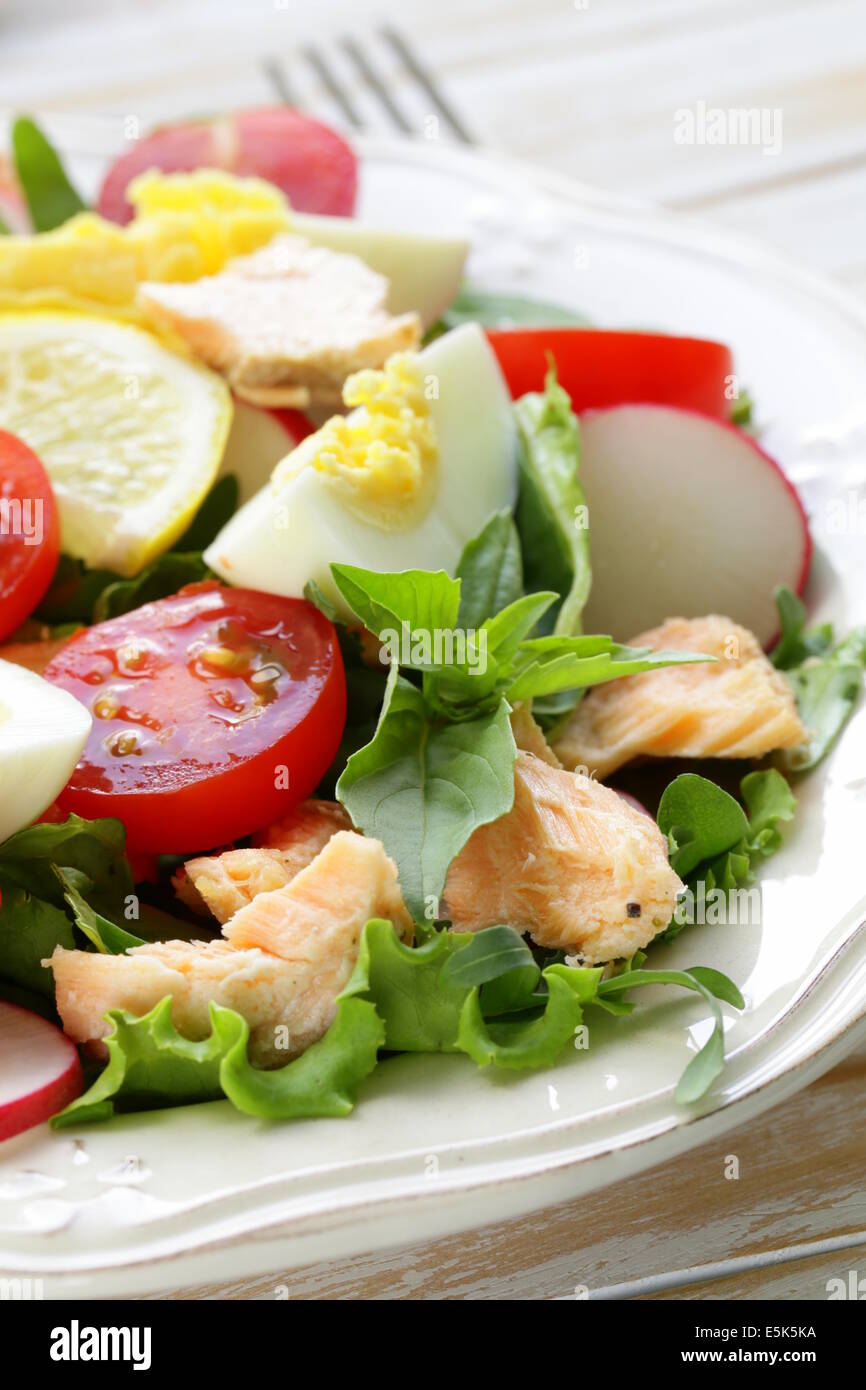 Salade verte avec du saumon frais, des oeufs et des tomates Banque D'Images
