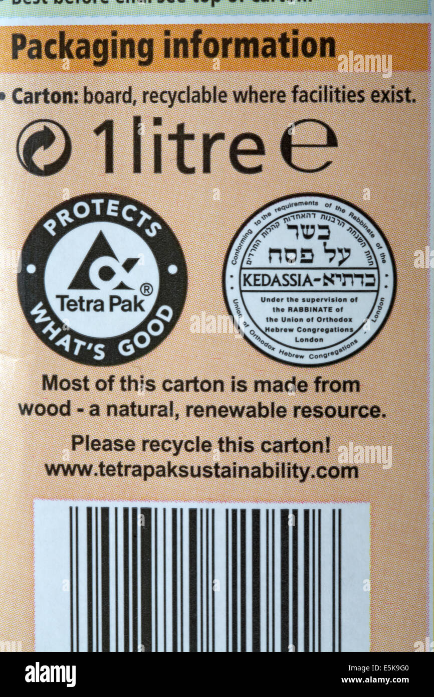 L'information sur l'emballage carton Tetra Pak de jus d'orange pur Tesco  Photo Stock - Alamy