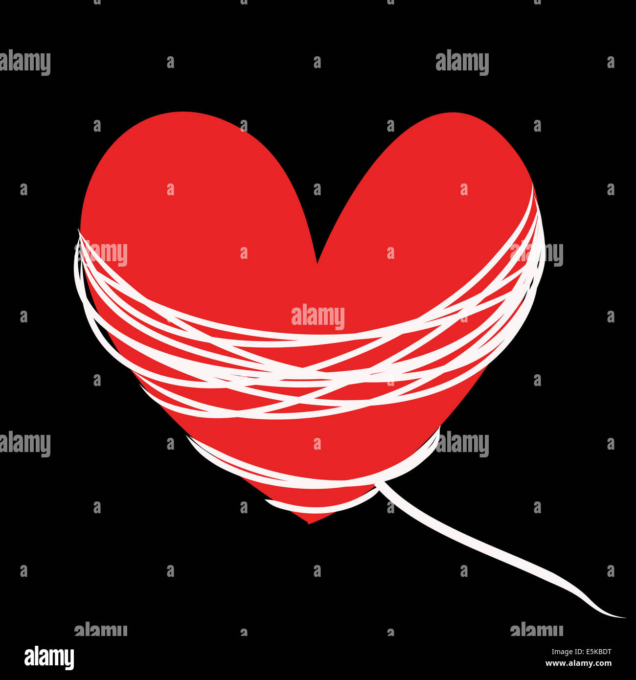 Coeur rouge avec corde blanche sur fond noir Banque D'Images