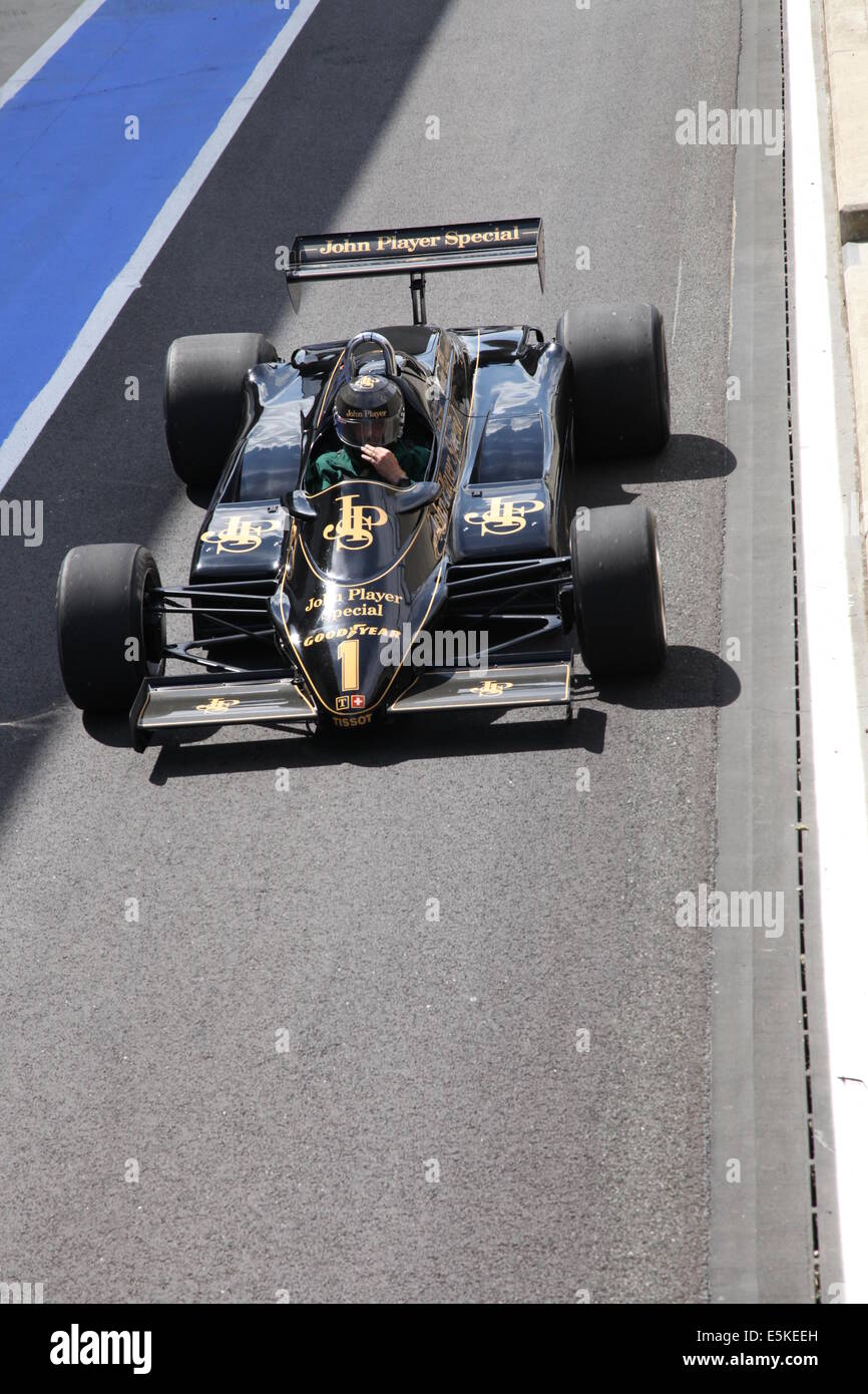 L'action au Silverstone Classic 2014. La plus grande voiture de sport classique et de course. Lotus F1 voiture Banque D'Images