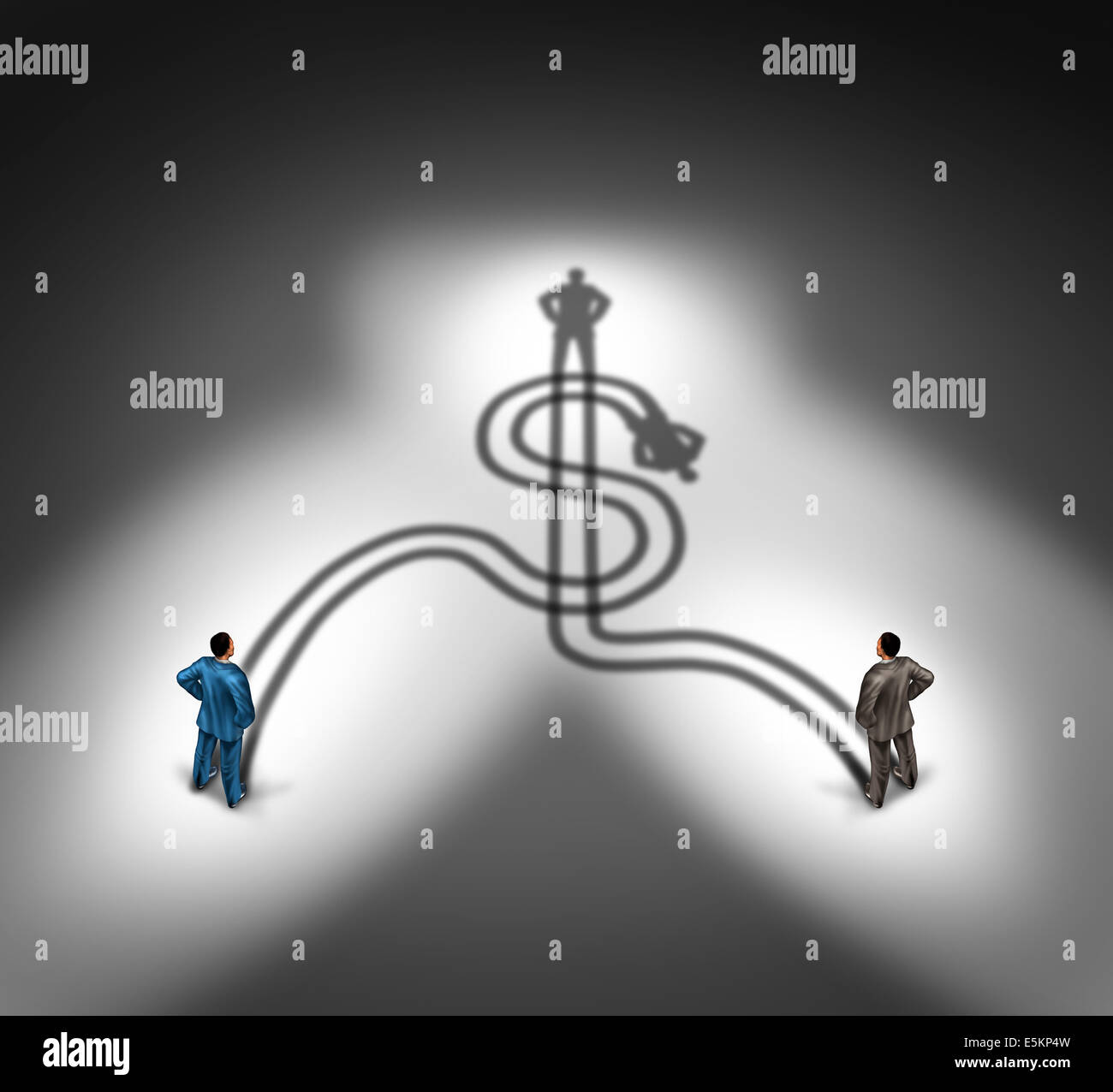 L'accord des gens d'affaires et d'argent en équipe ou équipe financière concept comme un groupe d'hommes debout devant leur ombre exprimés sous forme d'un signe dollar icône comme une métaphore pour la gestion de patrimoine et de faire équipe pour le profit le succès. Banque D'Images