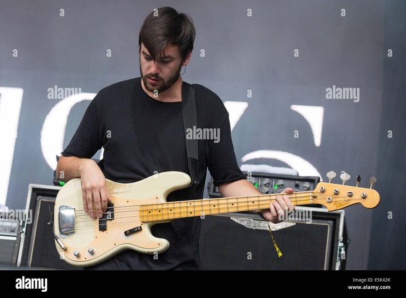 Chicago, Illinois, USA. 3e août, 2014. Le bassiste ROSS MACDONALD, de la bande le 1975 il se produit au Festival de musique Lollapalooza 2014 à Chicago, Illinois © Daniel DeSlover/ZUMA/Alamy Fil Live News Banque D'Images