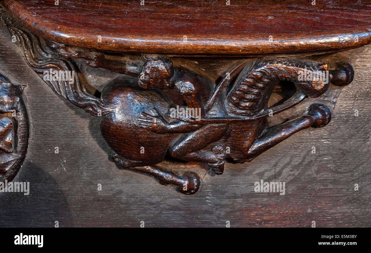 Cathédrale de Hereford, Royaume-Uni. Un miséricorde sculptant dans les stands de la chorale, montrant un cavalier tourné vers l'arrière sur un cheval galonnant Banque D'Images