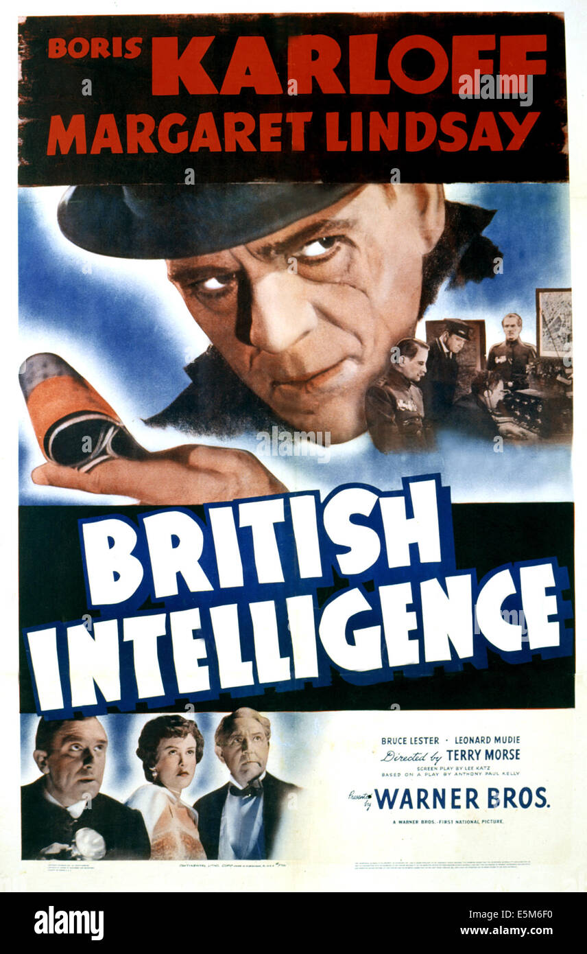 L'INTELLIGENCE BRITANNIQUE, Boris Karloff (centre), Leonard Mudie, Margaret Lindsay, Holmes Herbert (coin inférieur gauche), 1940 Banque D'Images