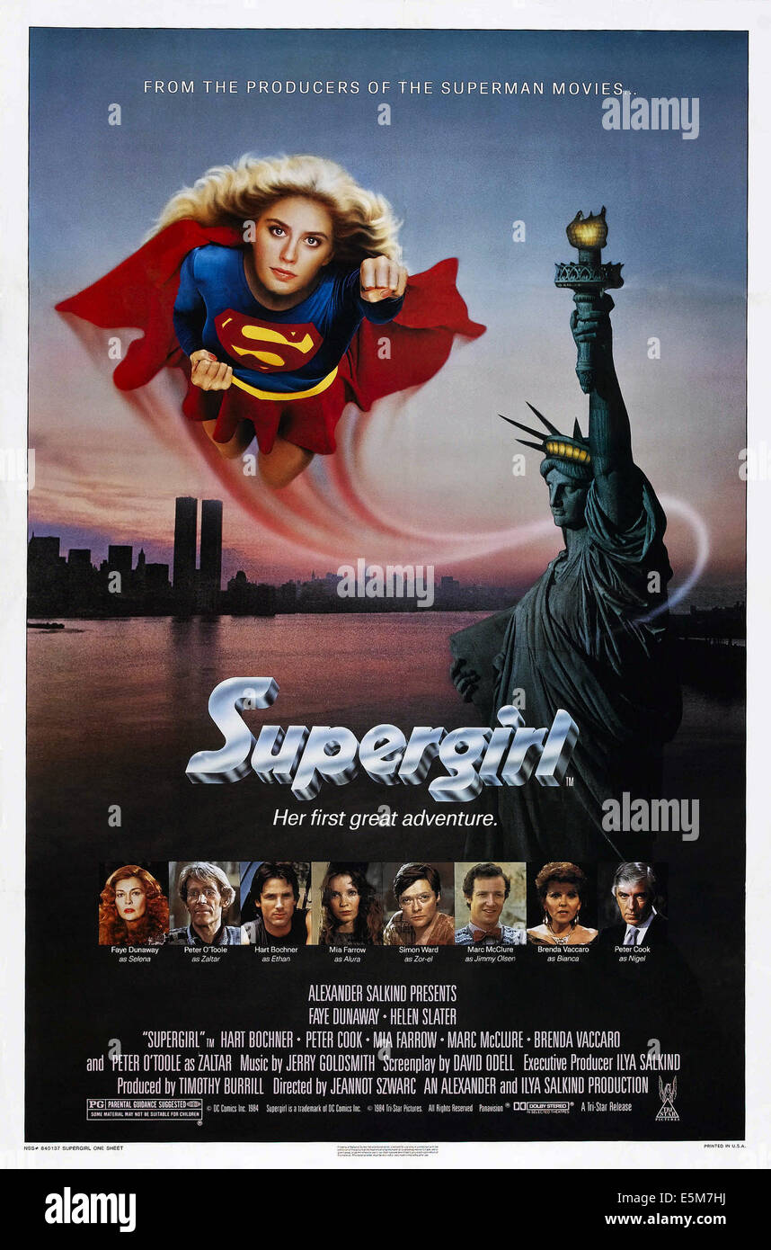 SUPERGIRL, US poster, Helen Slater, Faye Dunaway, Peter O'Toole, Hart Bochner, Mia Farrow, Simon Ward, Marc Maguire, Brenda Banque D'Images