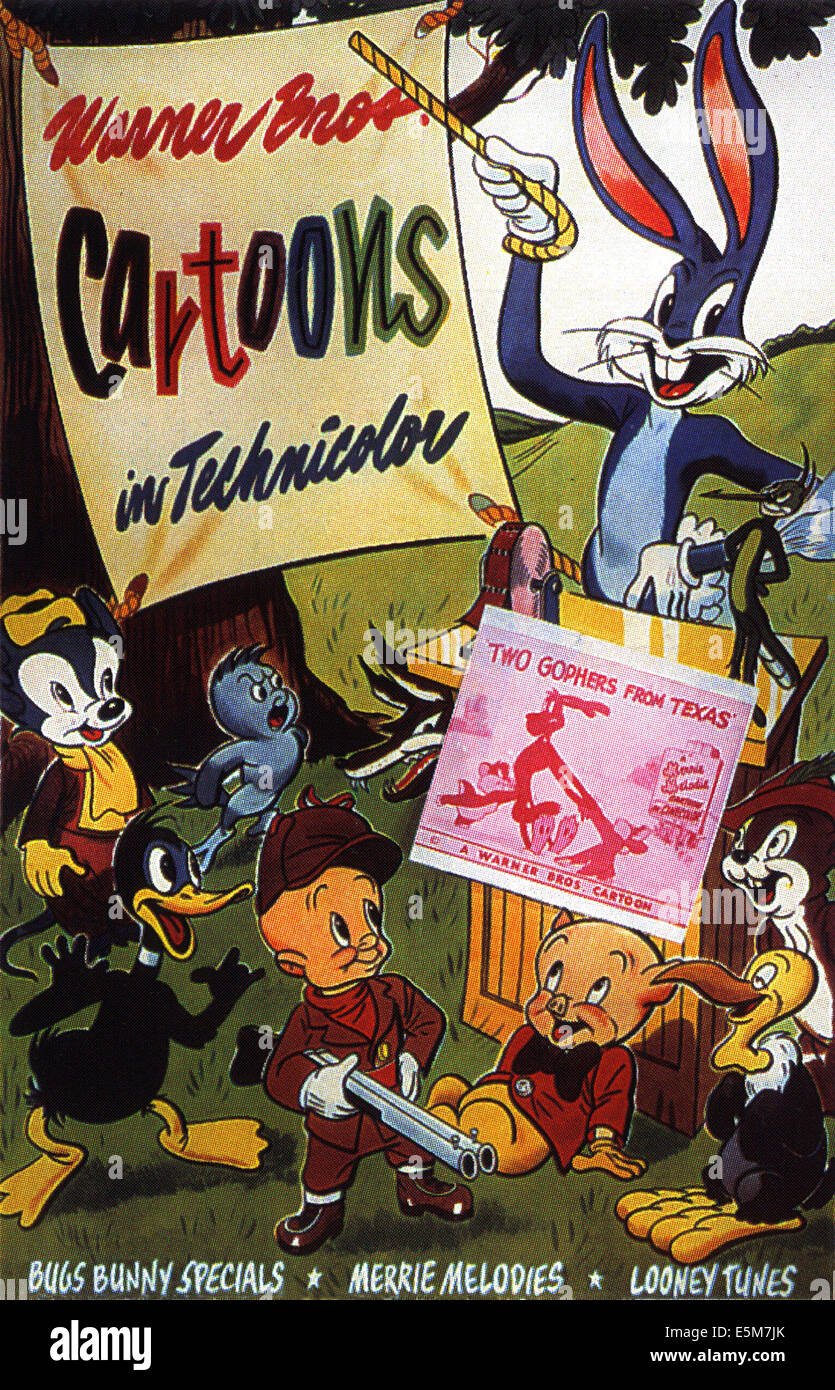 Deux GOPHERS DU TEXAS, l'affiche pour court métrage, Sniffles la souris (à l'arrière gauche), Daffy Duck (avant gauche), Elmer Fudd Banque D'Images