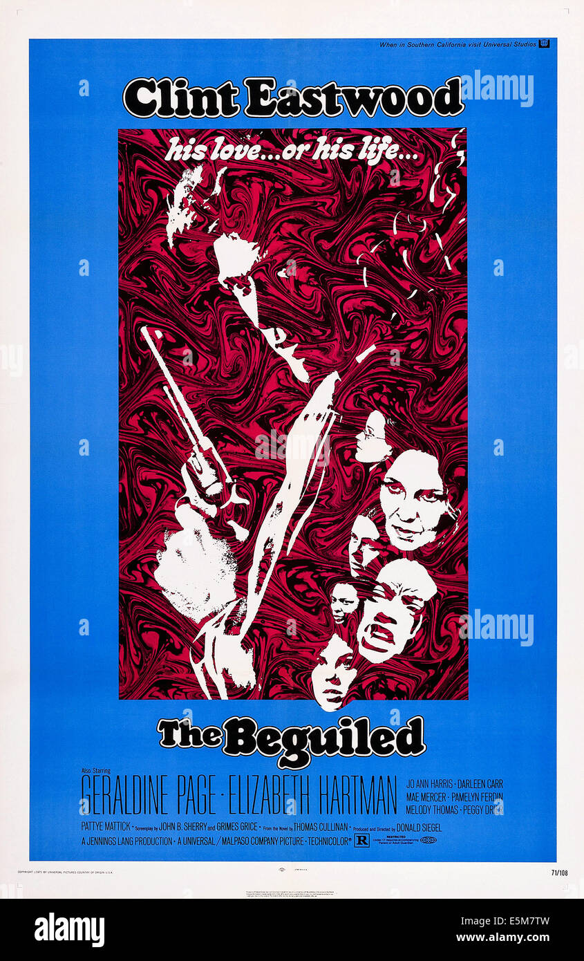 Le SÉDUISIT, US poster, Clint Eastwood (à gauche), à droite en partant du haut : Geraldine Page, Elizabeth Hartman, 1971 Banque D'Images
