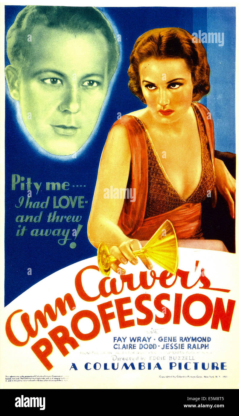 ANN CARVER'S PROFESSION, de gauche : Gene Raymond, Fay Wray sur carte fenêtre midget, 1933. Banque D'Images