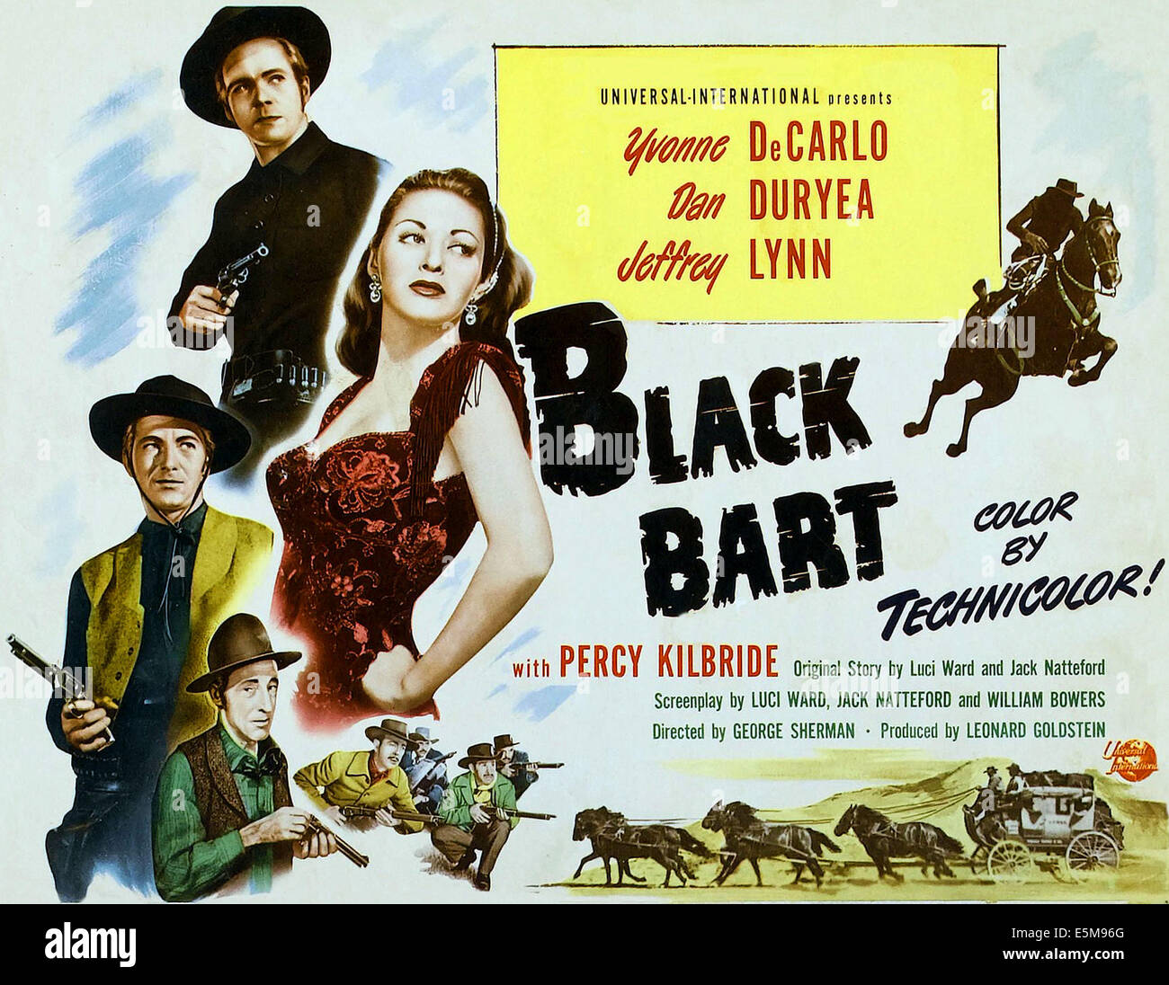 BLACK BART, à partir du haut : Dan Duryea, Yvonne DeCarlo, Jeffrey Lynn, Percy Kilbride ; demi-feuille poster art, 1948. Banque D'Images