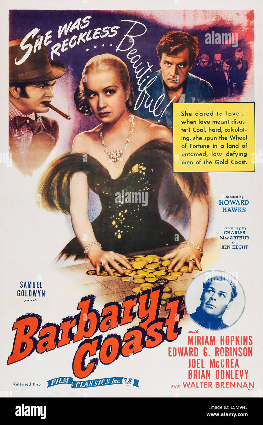 Côte des Barbaresques, haut l-r : Edward G. Robinson, Miriam Hopkins, Joel McCrea, bas : Brian Donlevy sur re-poster art, 1935. Banque D'Images