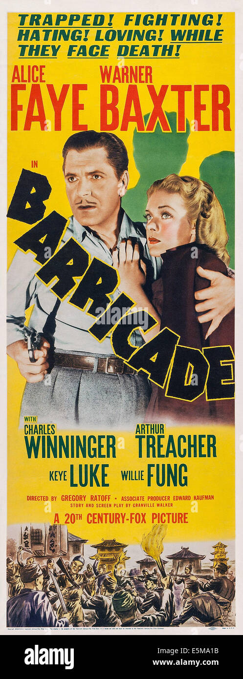 BARRICADE, l-r : Warner Baxter, Alice Faye sur l'affiche l'insertion, 1939, TM et copyright ©20th Century Fox Film Corp. Banque D'Images