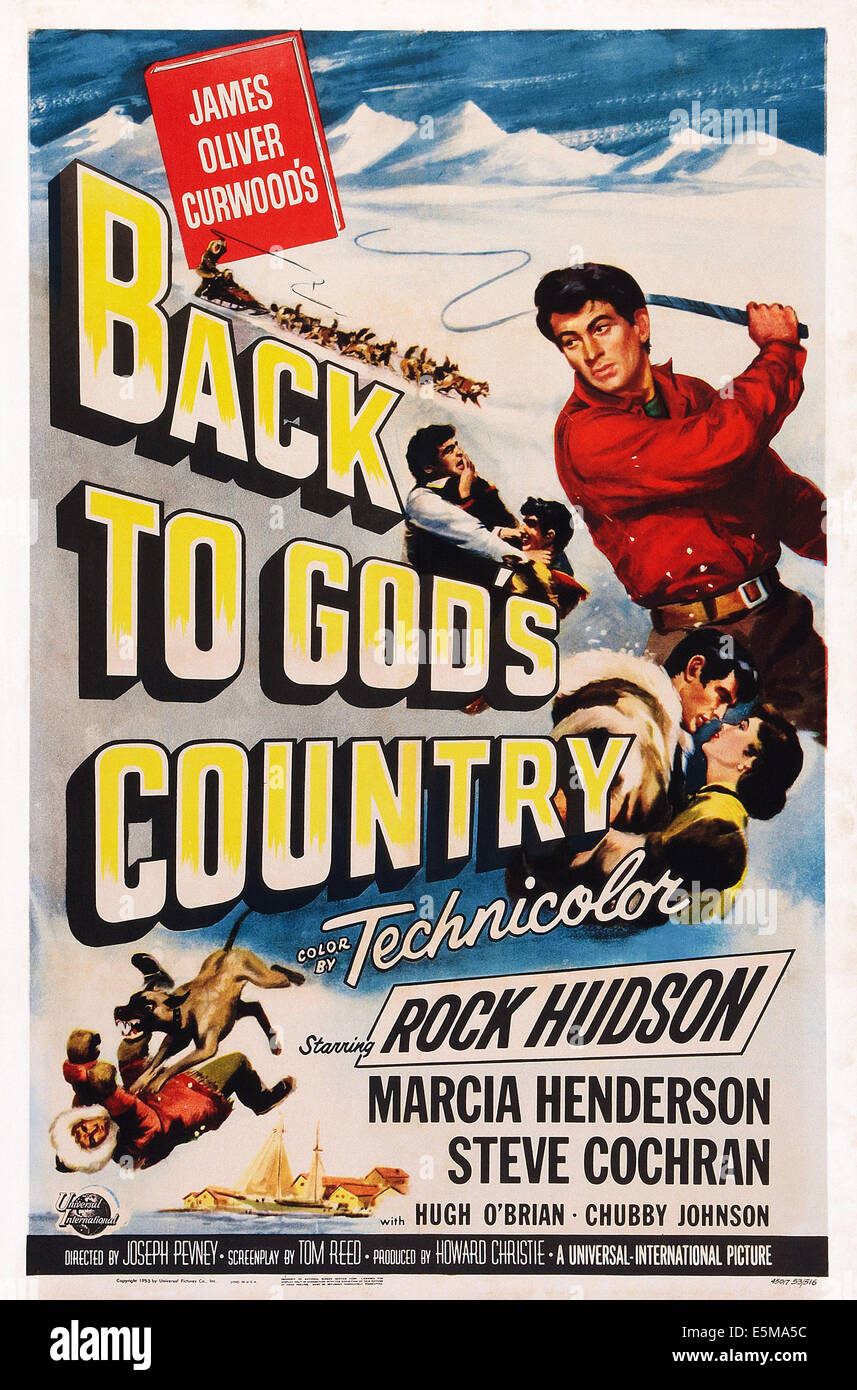 BACK TO GOD'S COUNTRY, poster art, l-r : Rock Hudson, Marcia Henderson, 1953. Banque D'Images