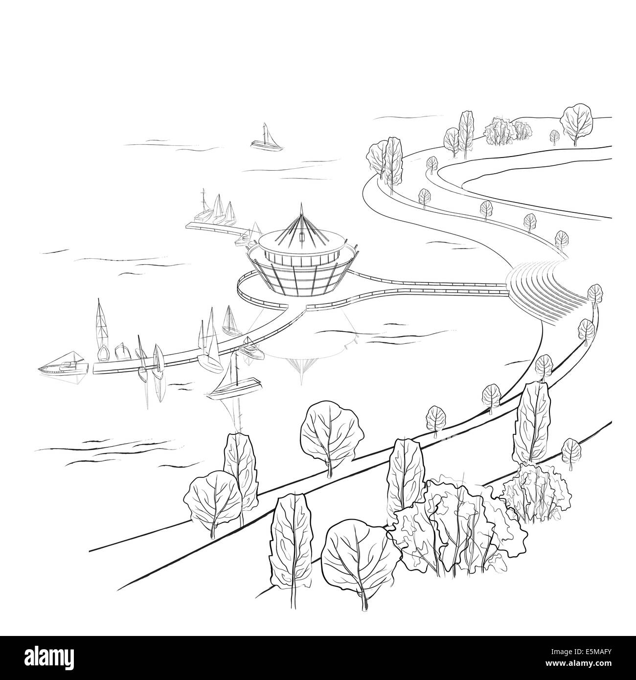 Noir et blanc d'architecture paysage avec bâtiment moderne avec quai et bateaux sur l'eau Banque D'Images