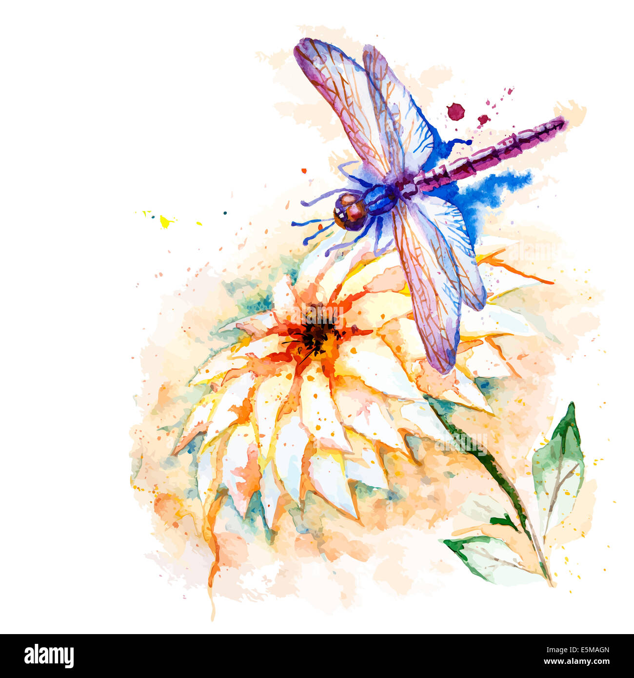 Arrière-plan de vœux avec de beaux vol libellule violet aquarelle et fleur de lys Banque D'Images