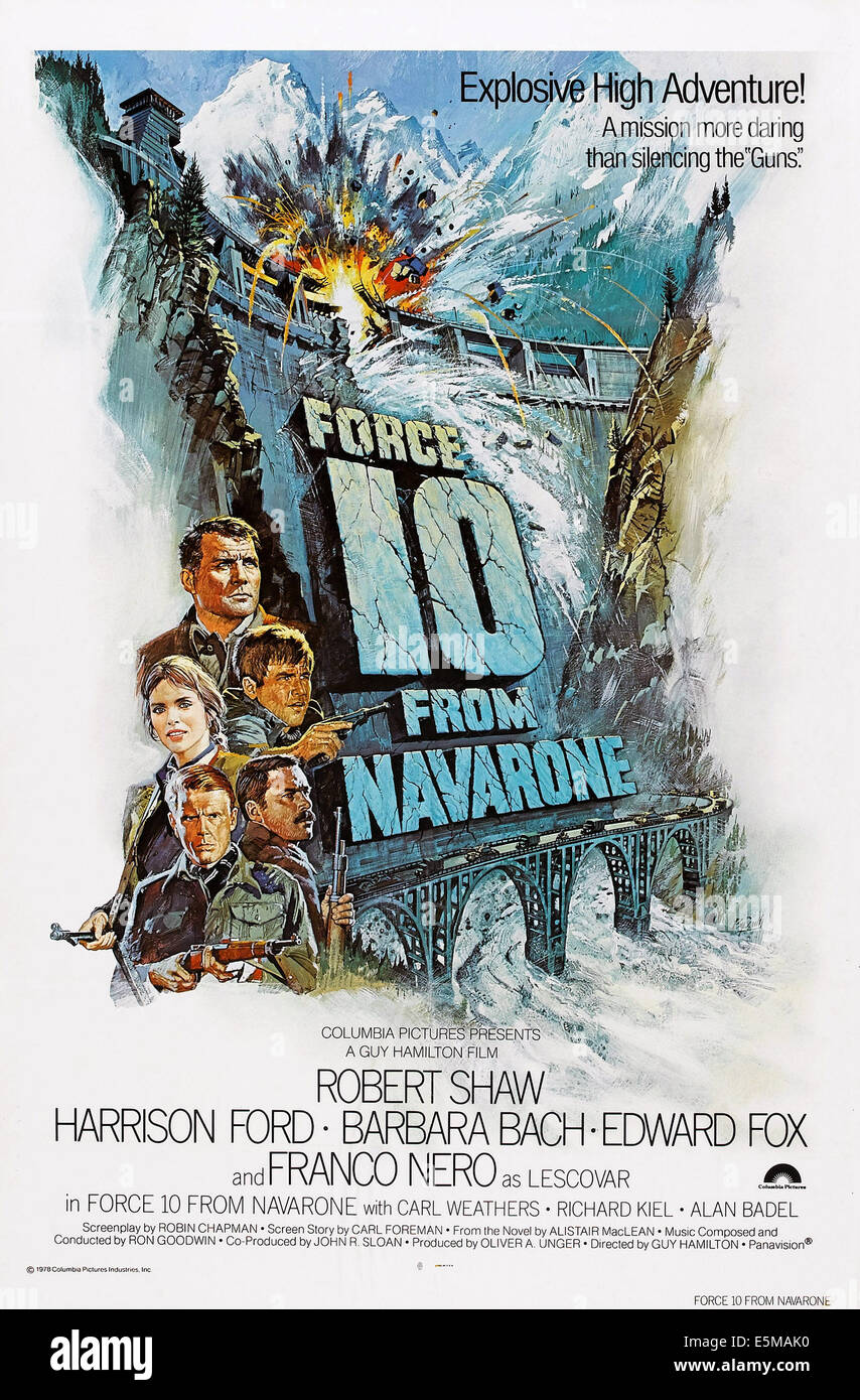 10 FORCE DE NAVARONE, US poster art, dans le sens horaire à partir du haut:Robert Shaw, Harrison Ford, Edward Fox, Franco Nero, Barbara Bach, Banque D'Images