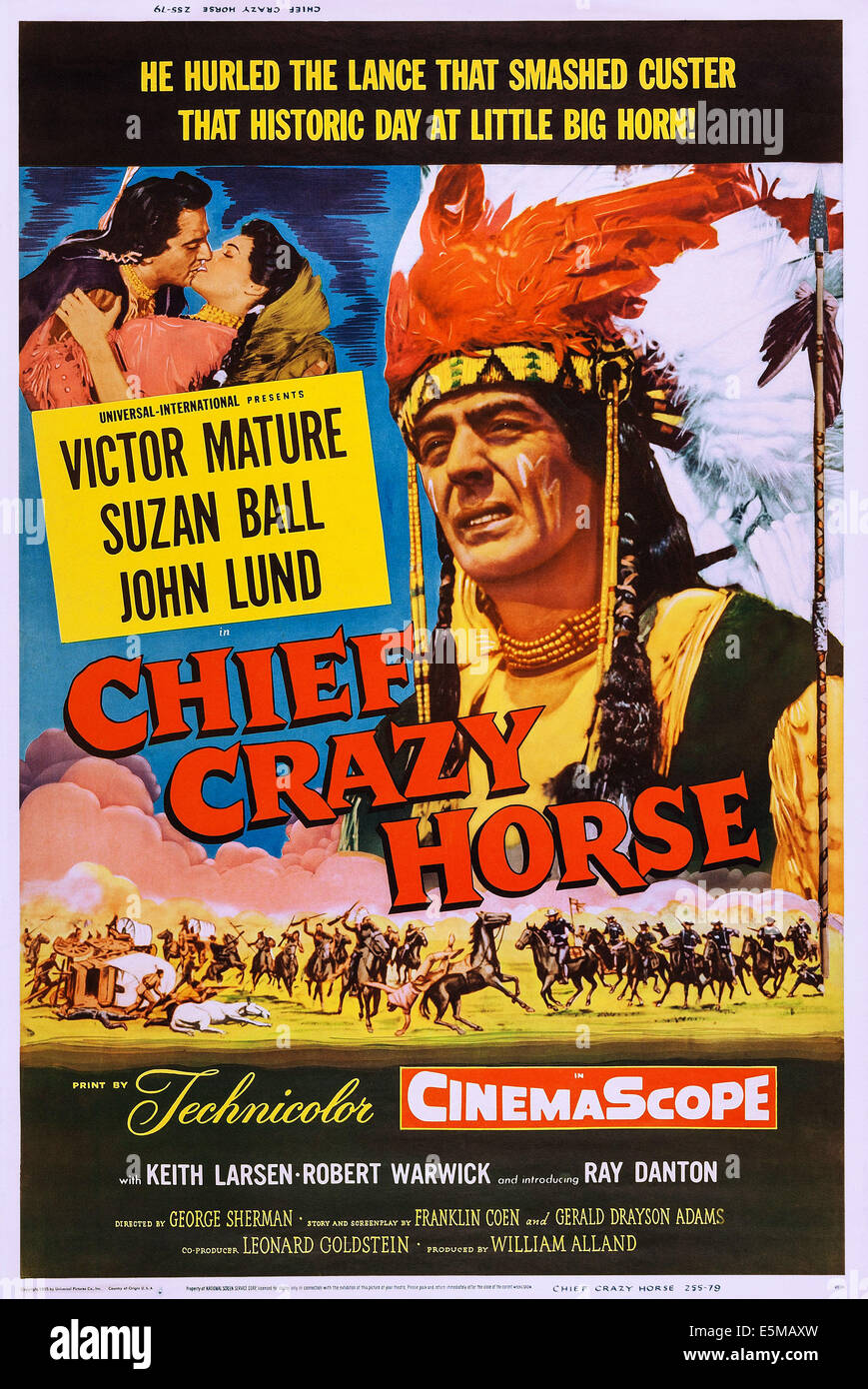 Chef CRAZY HORSE, de nous poster, de gauche à droite : Victor mature, Suzan Ball, Victor mature, 1955 Banque D'Images