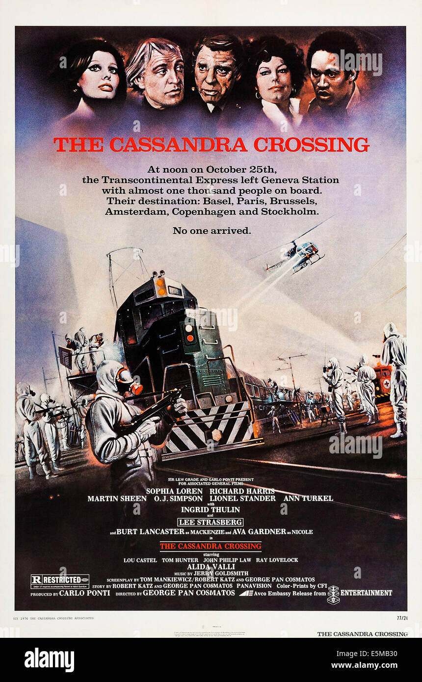 Le Cassandra Crossing, US poster art, haut de gauche : Sophia Loren, Richard Harris, Burt Lancaster, Ava Gardner, O.J. Simpson, Banque D'Images