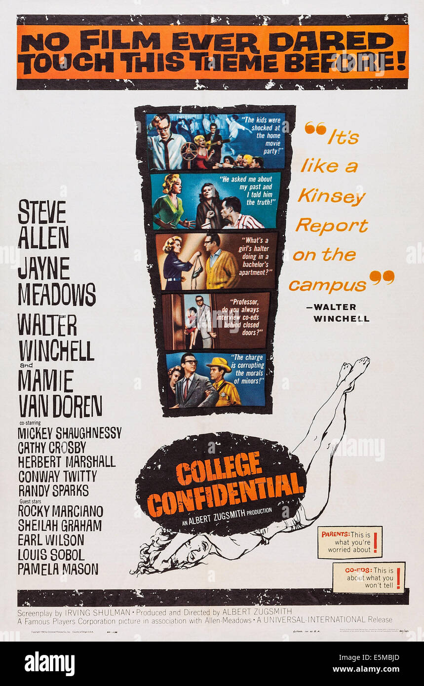COLLEGE CONFIDENTIEL, à partir du haut : Steve Allen, Mamie Van Doren, Jayne Meadows sur l'affiche, 1960. Banque D'Images