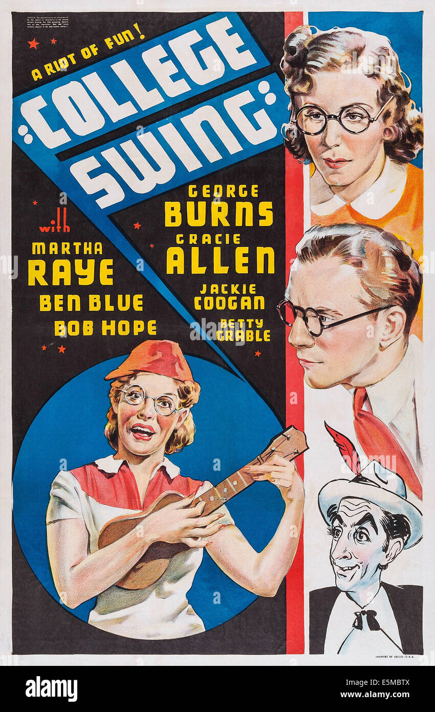 COLLEGE SWING, en bas à gauche : Martha Raye, droite à partir du haut : Gracie Allen, George Burns sur l'affiche, 1938. Banque D'Images