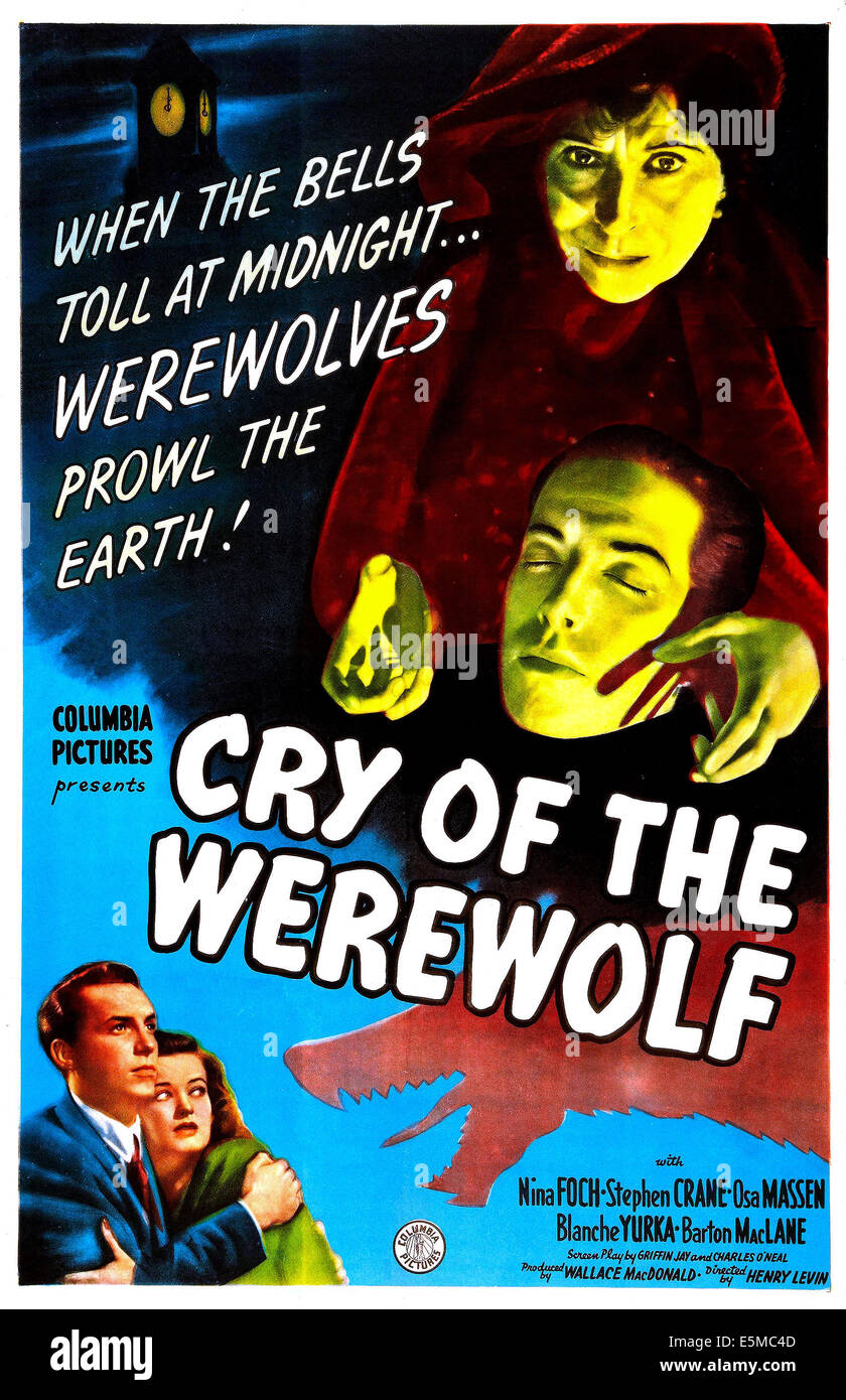 Cri du loup-garou, de nous poster, en bas de gauche à droite : Stephen Crane, Osa Massen, en haut à droite : Blanche Yurka, Stephen Crane, 1944 Banque D'Images