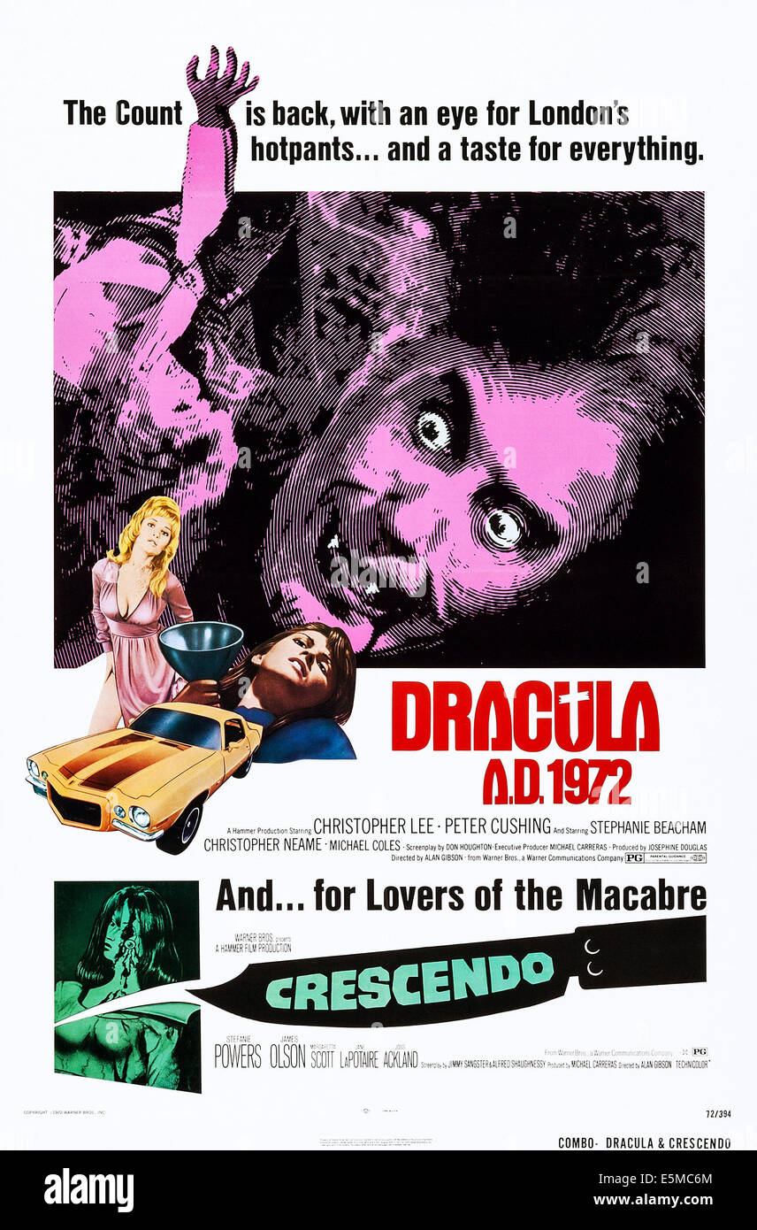 DRACULA A.D. 1972, (sur le projet de loi double affiche avec crescendo), à partir du haut : Christopher Lee, Stephanie Beacham, Caroline Munro sur Banque D'Images