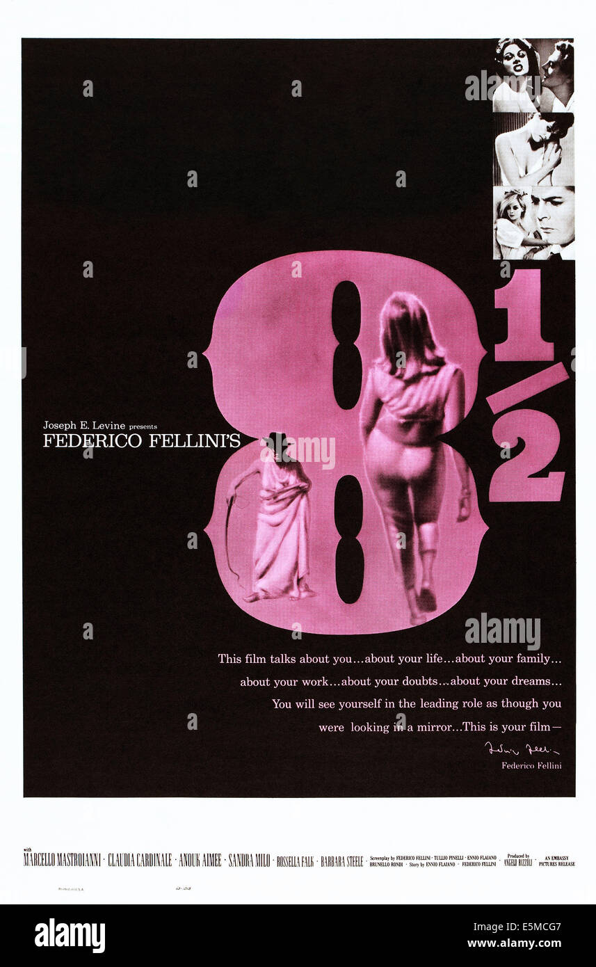 8 1/2 à partir de la droite, en haut : Sandra Milo, Marcello Mastroianni sur l'affiche, 1963 Banque D'Images