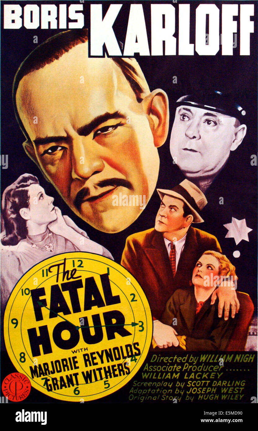 L'heure fatale, en haut à gauche : Boris Karloff ; à gauche en bas : Marjorie Reynolds ; supérieur droit : Jack Kennedy ; coin inférieur droit, à partir de Banque D'Images