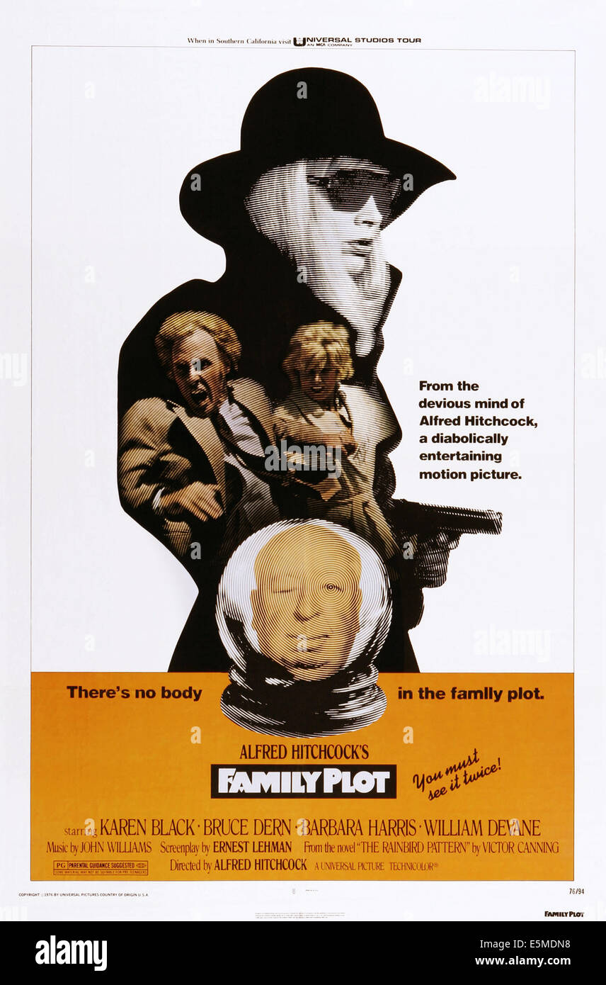 Terrain familial, à partir du haut : Karen Black, Bruce Dern, Barbara Harris, Alfred Hitchcock sur l'affiche, 1976. Banque D'Images