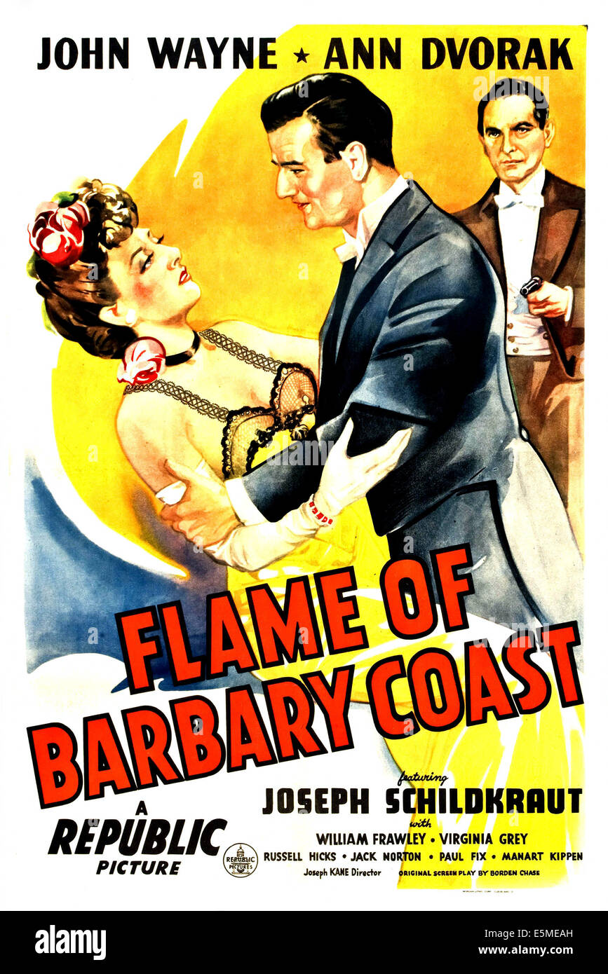 Flamme de Barbary Coast, entre nous, de l'affiche à partir de la gauche : Ann Dvorak, John Wayne, Joseph Schildkraut, 1945 Banque D'Images