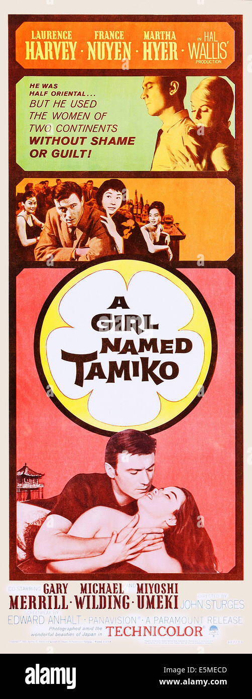 Une jeune fille nommée TAMIKO, US poster art, bas, de gauche à droite : Laurence Harvey, France Nuyen, 1963 Banque D'Images