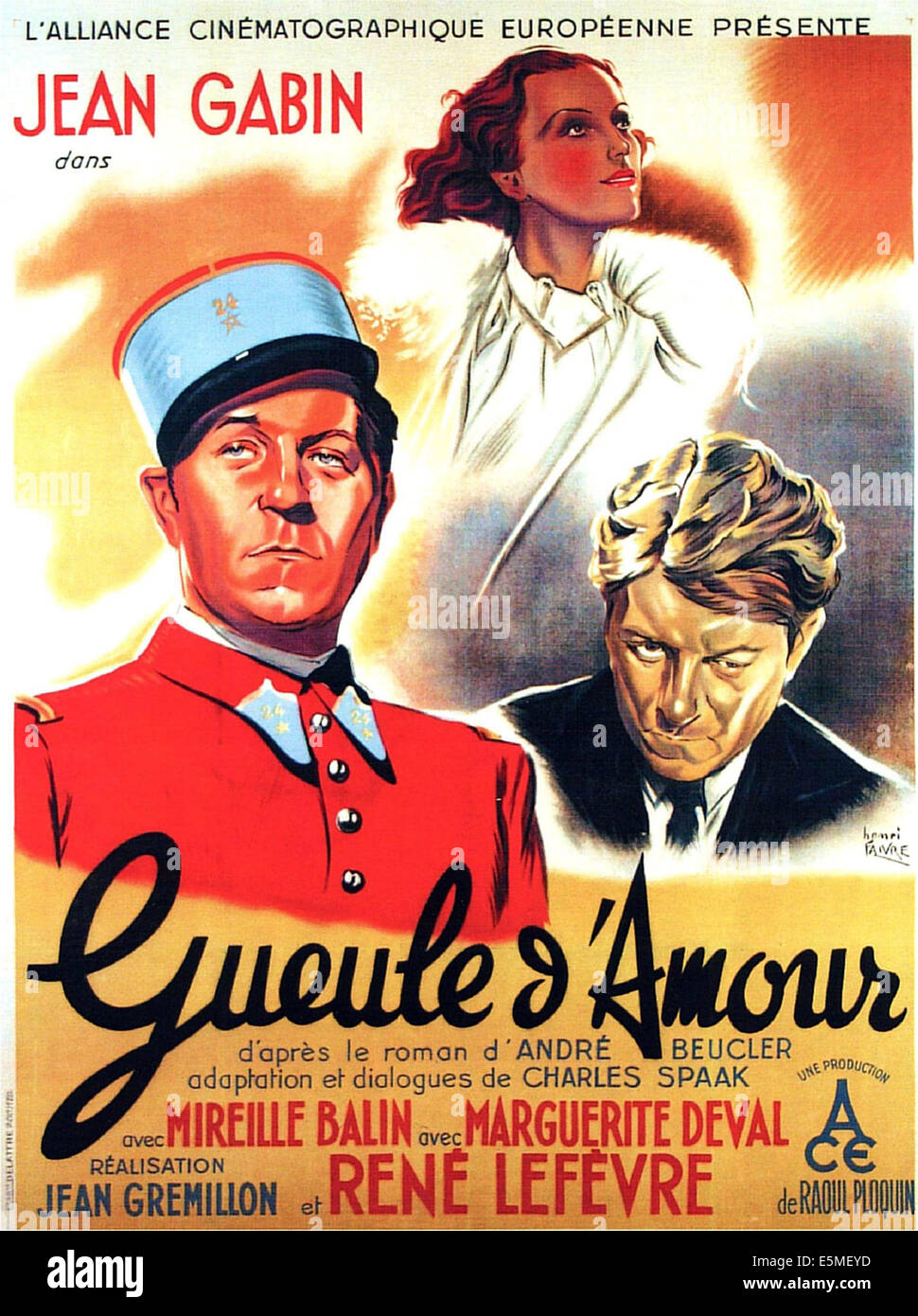 GUEULE D'AMOUR, l'art de l'affiche française, de gauche à droite : Jean Gabin, Mireille Balin, Jean Gabin, 1937 Banque D'Images