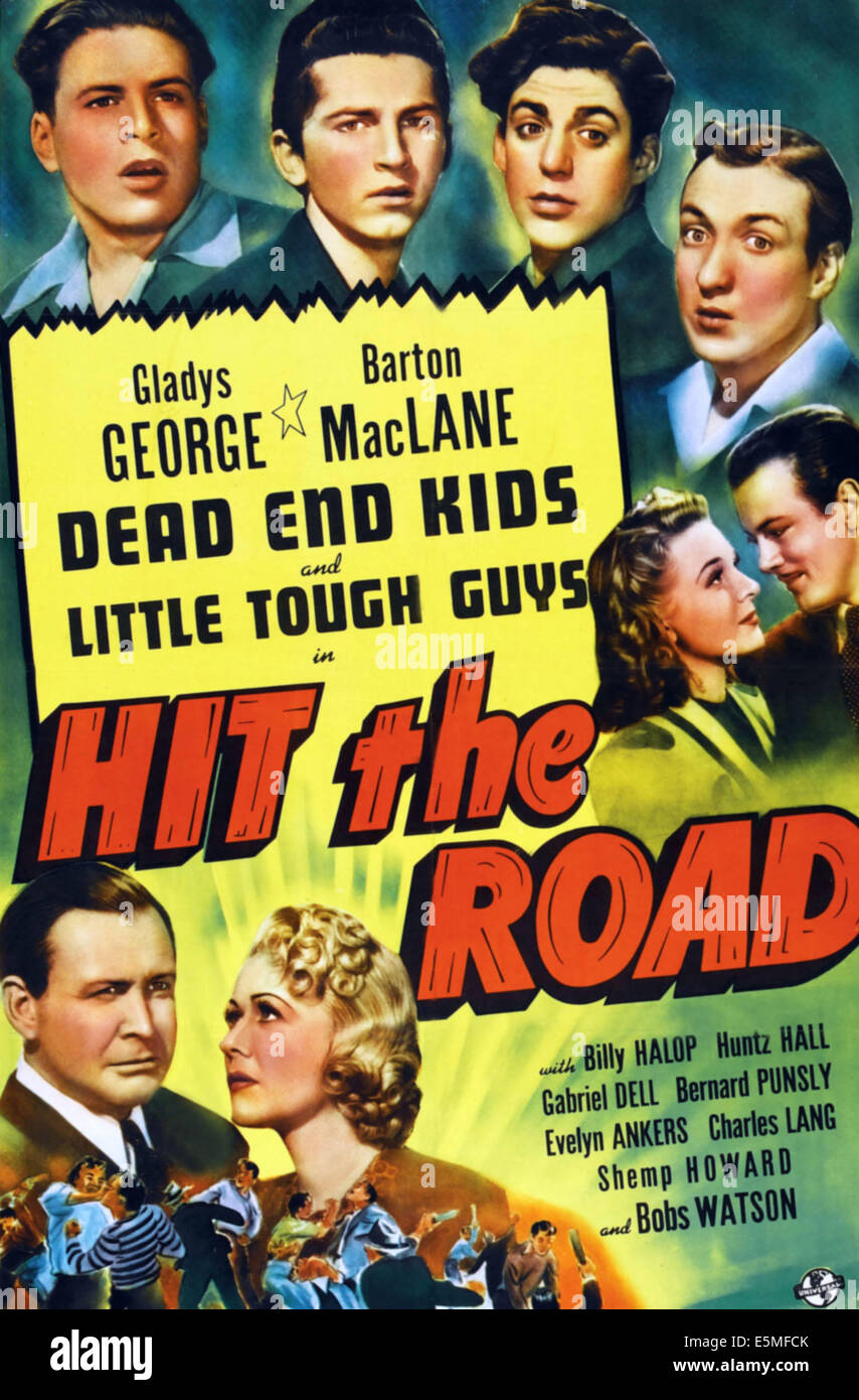 Prendre la route, en haut de gauche à droite : Bernard Punsley, Gabriel Dell, Billy Halop, Huntz Hall, Centre de droit : Evelyn Ankers, Charles Lane, Banque D'Images