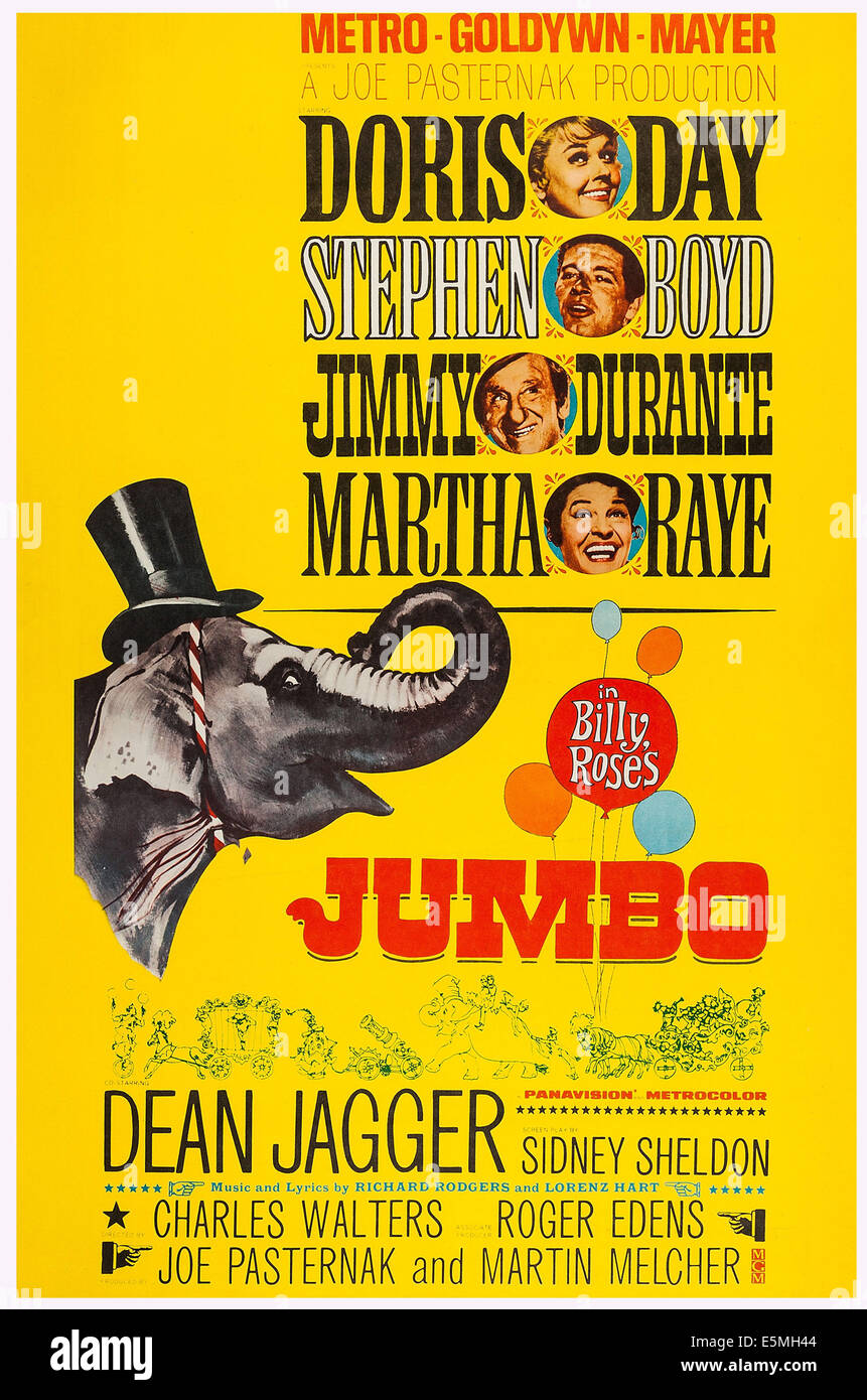 JUMBO, (aka BILLY ROSE'S JUMBO), US poster art, à partir du haut : Doris Day, Stephen Boyd, Jimmy Durante, Martha Raye, 1962 Banque D'Images