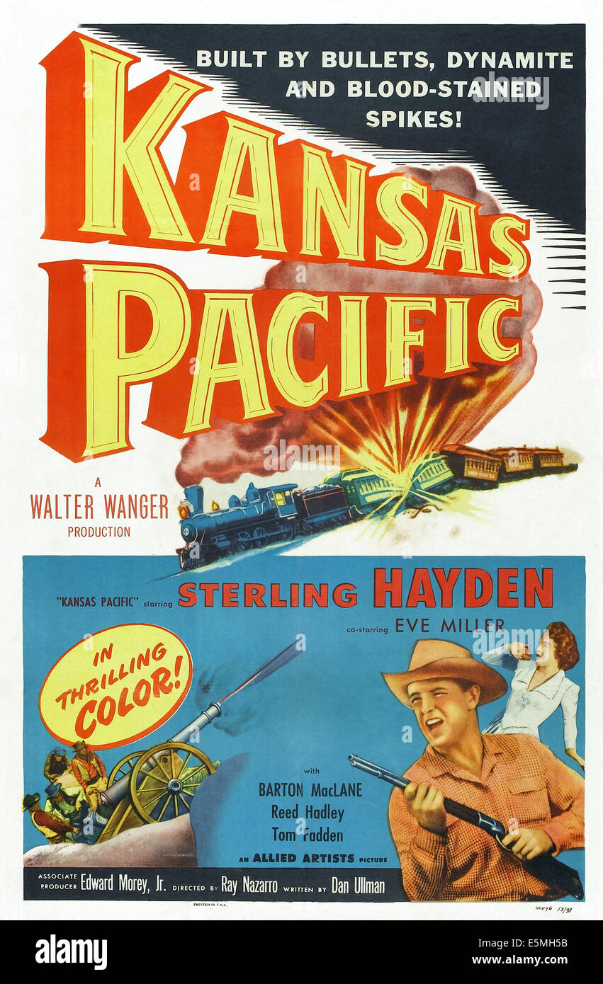 KANSAS PACIFIC, entre nous, à partir de l'avant en bas de l'affiche : Sterling Hayden, Eve Miller, 1953 Banque D'Images