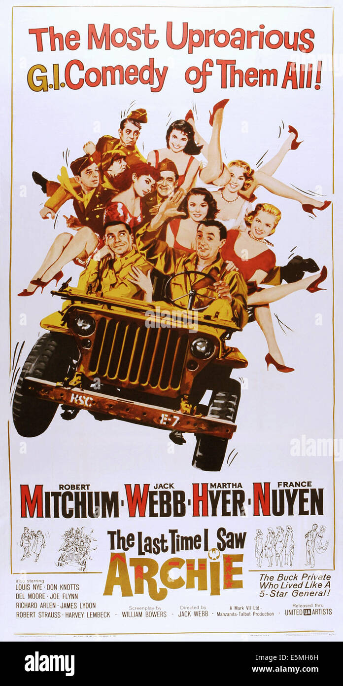 La DERNIÈRE FOIS QUE J'ai vu ARCHIE, face de gauche : Jack Webb, Robert Mitchum, arrière en uniforme de gauche : Don Knotts, Robert Strauss, Banque D'Images