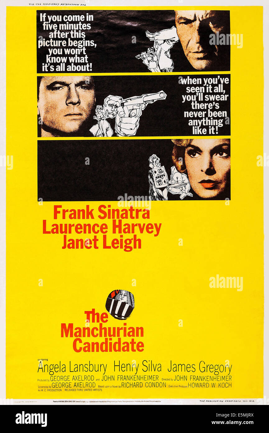 Le candidat mandchou, en partant du haut : Frank Sinatra, Laurence Harvey, Janet Leigh sur l'affiche, 1962. Banque D'Images