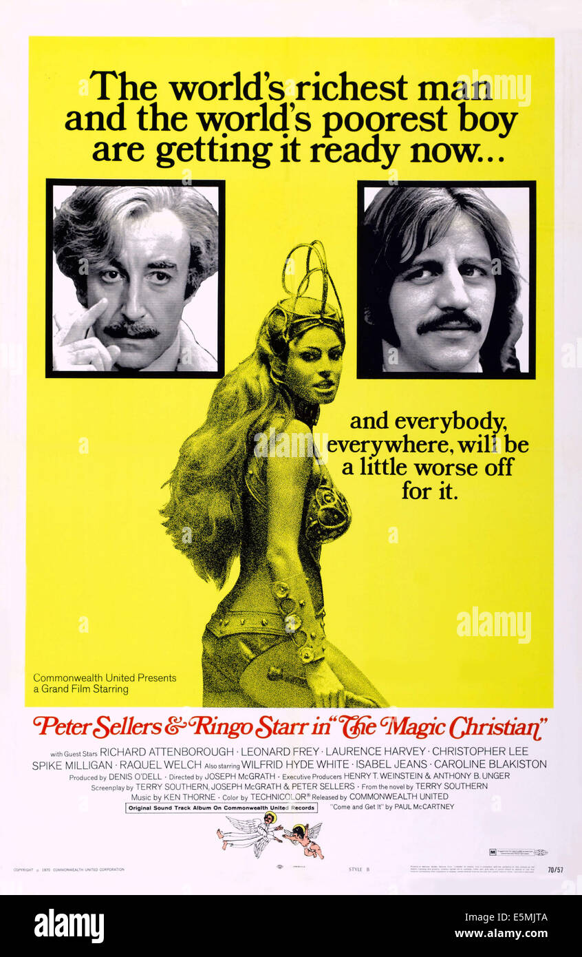 THE MAGIC CHRISTIAN, de nous poster art, de gauche à droite : Peter Sellers, Raquel Welch, Ringo Starr, 1969 Banque D'Images