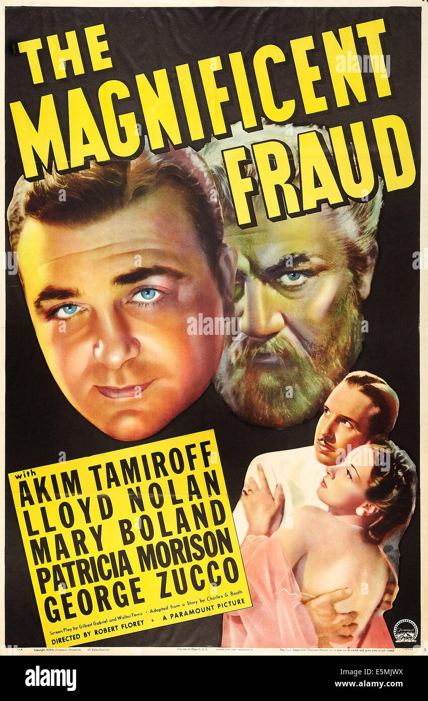 Le magnifique la fraude, de nous poster art, de gauche : Akim Tamiroff deux fois, Lloyd Nolan, Patricia Morison, 1939 Banque D'Images