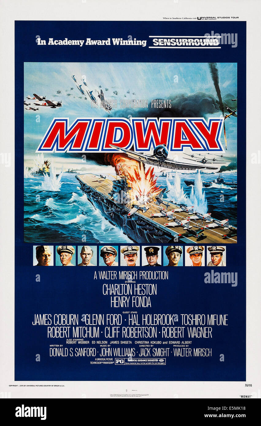 À mi-chemin, de nous poster, de gauche : Charlton Heston, Henry Fonda, James Coburn, Glenn Ford, Hal Holbrook, Toshiro Mifune, Robert Banque D'Images