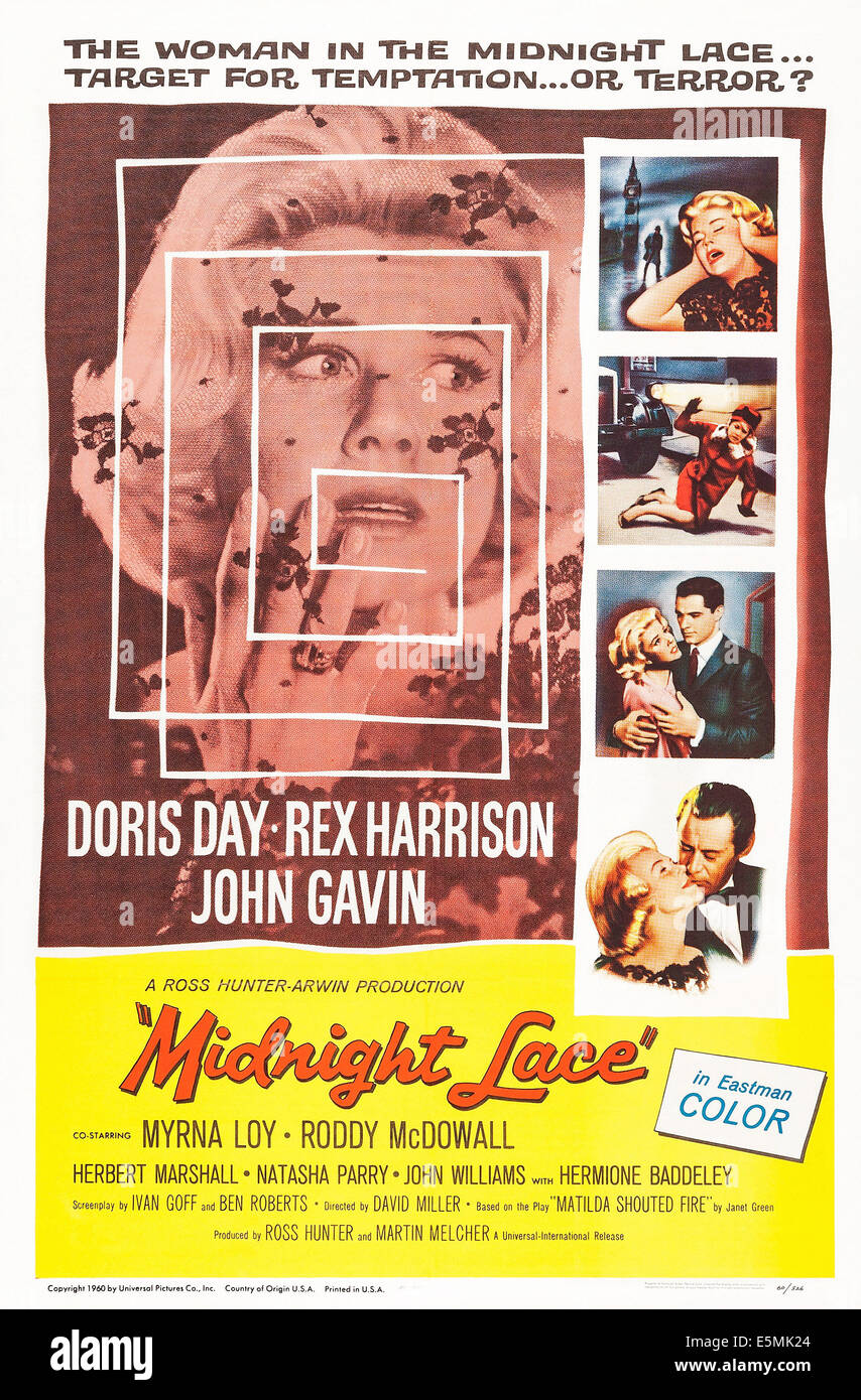 MIDNIGHT LACE, US poster art, Doris Day, (à gauche et les 4 encarts), John Gavin, (deuxième insert), Rex Harrison, (en bas, à insérer), Banque D'Images