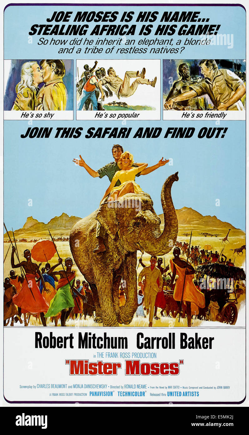 Monsieur Moses, équitation sur l'éléphant, à partir du haut : Robert Mitchum, Carroll Baker ; 1 feuilles poster art, 1965. Banque D'Images