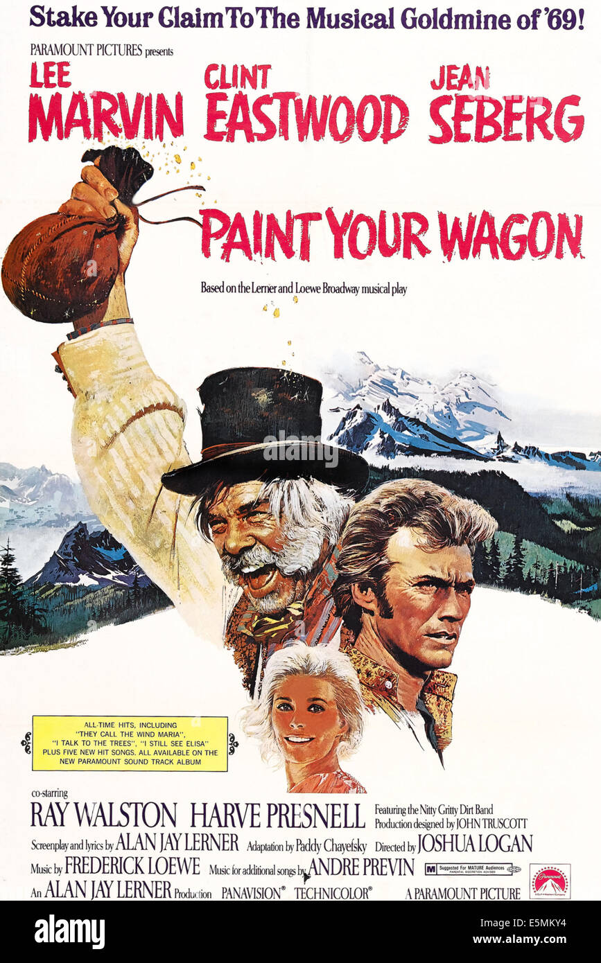 Peindre votre chariot, dans le sens horaire à partir de la gauche : Lee Marvin, Clint Eastwood, Jean Seberg sur l'affiche, 1969 Banque D'Images