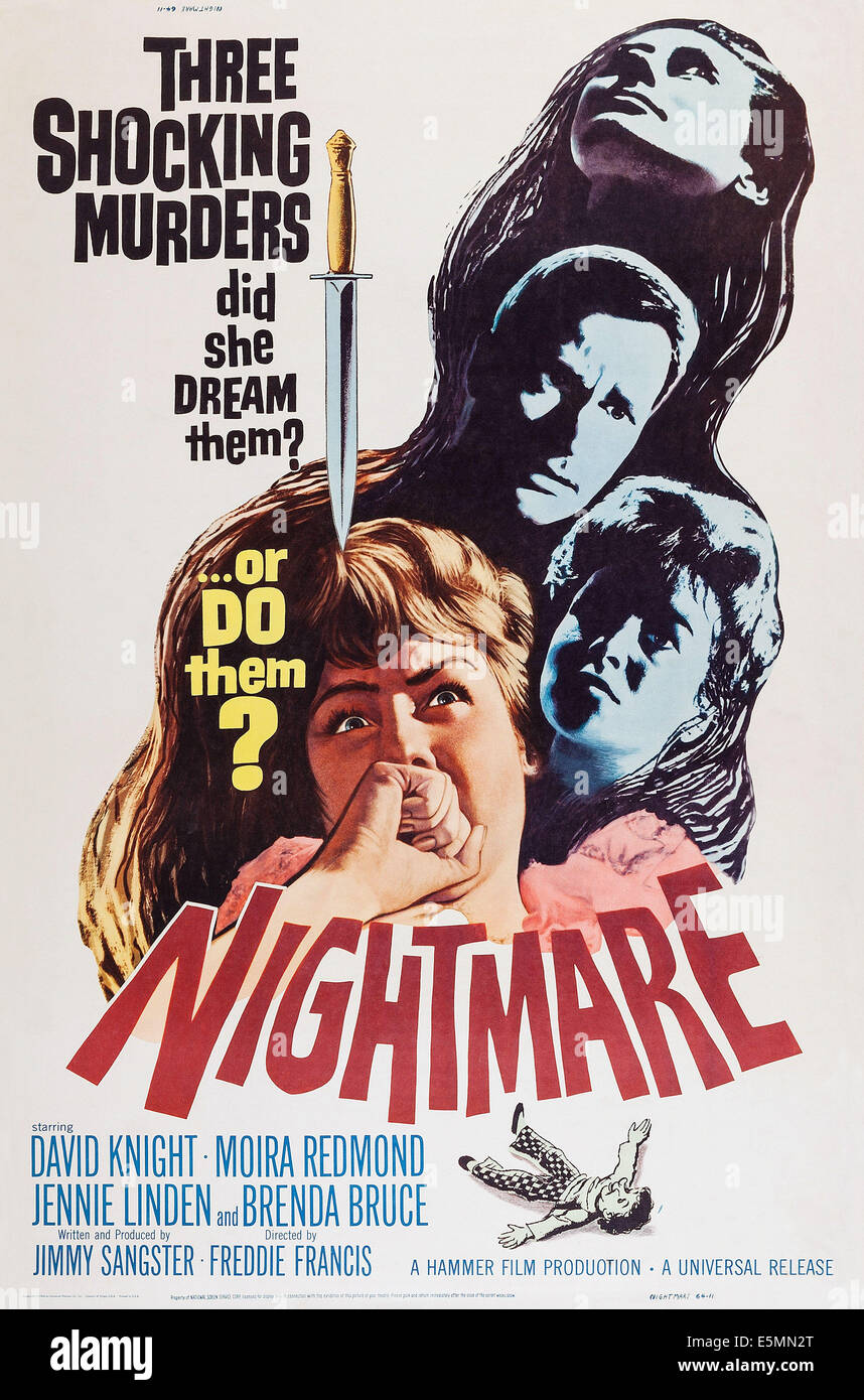 Cauchemar, à partir du haut : David Knight, Moira Redmond, Jennie Linden sur l'affiche, 1964. Banque D'Images
