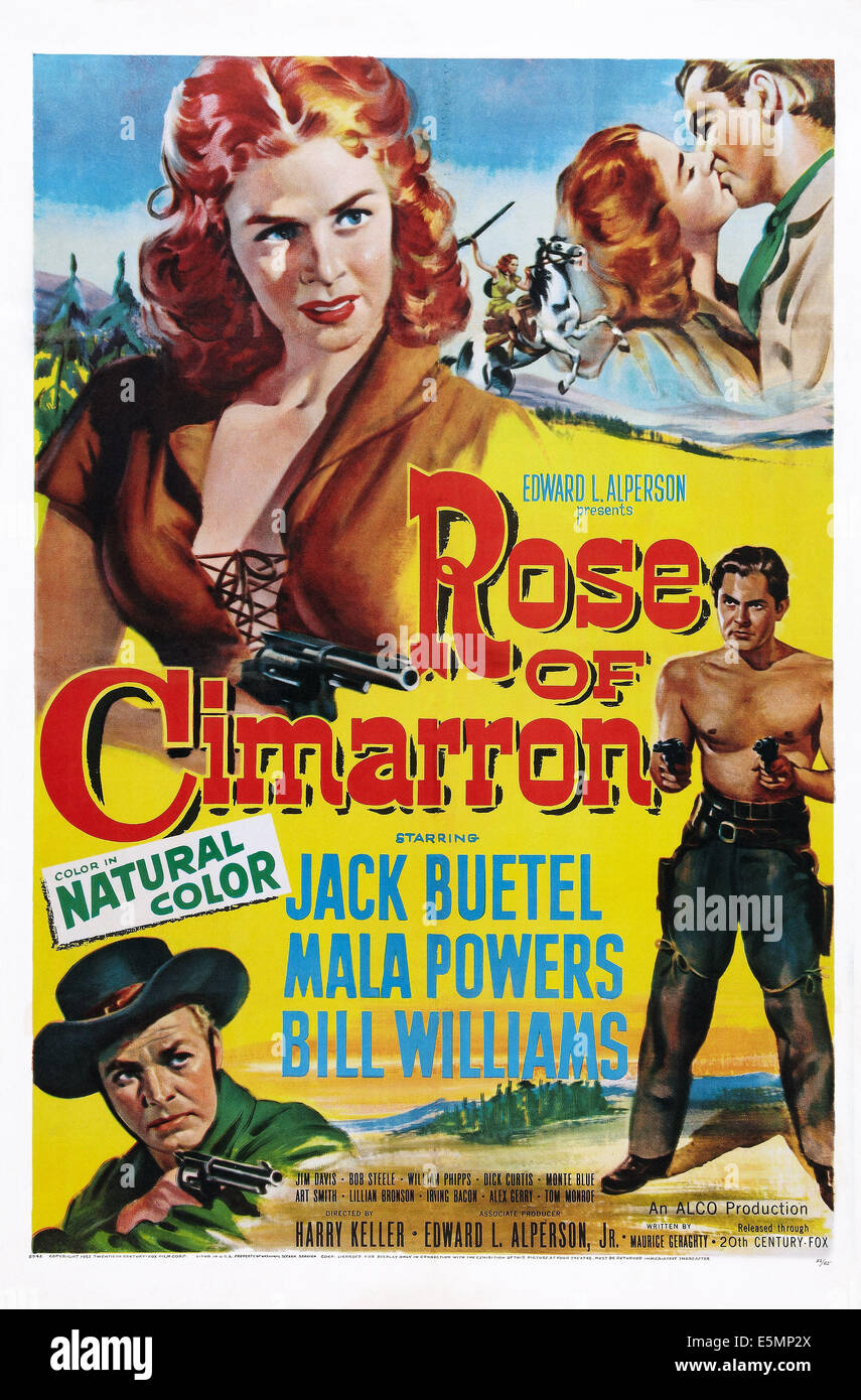 ROSE OF CIMARRON, US poster art, haut : Mala pouvoirs ; en bas de gauche à droite : Bill Williams, Jack Buetel, 1952. TM et © Copyright 20e Banque D'Images ROSE OF CIMARRON, US poster art, haut : Mala pouvoirs ; en bas de gauche à droite : Bill Williams, Jack Buetel, 1952. TM et © Copyright 20e Banque D'Images