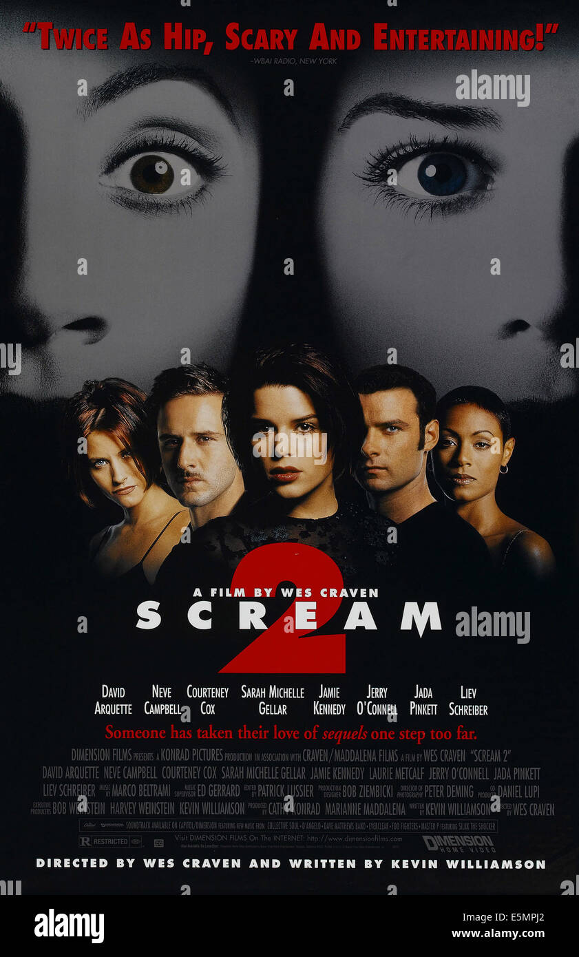 SCREAM 2, de nous poster art, de gauche : Courteney Cox, David Arquette, Neve Campbell, Liev Schreiber, Jada Pinkett Smith, 1997. © Banque D'Images