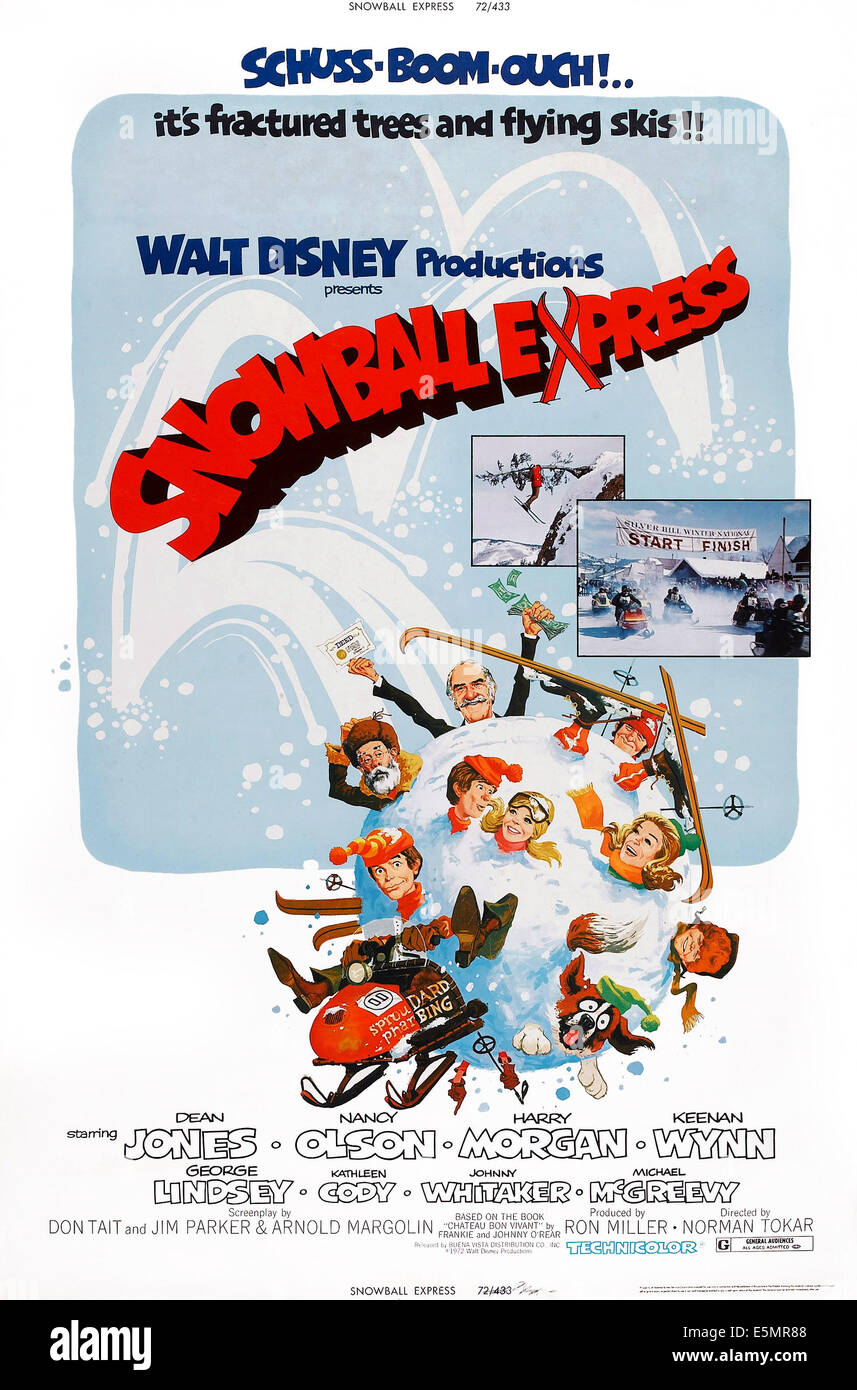 SNOWBALL EXPRESS, US poster art, de haut centre : Keenan Wynn, Michael McGreevey, Kathleen Cody, Johnny Whitaker, Dean Jones, Banque D'Images