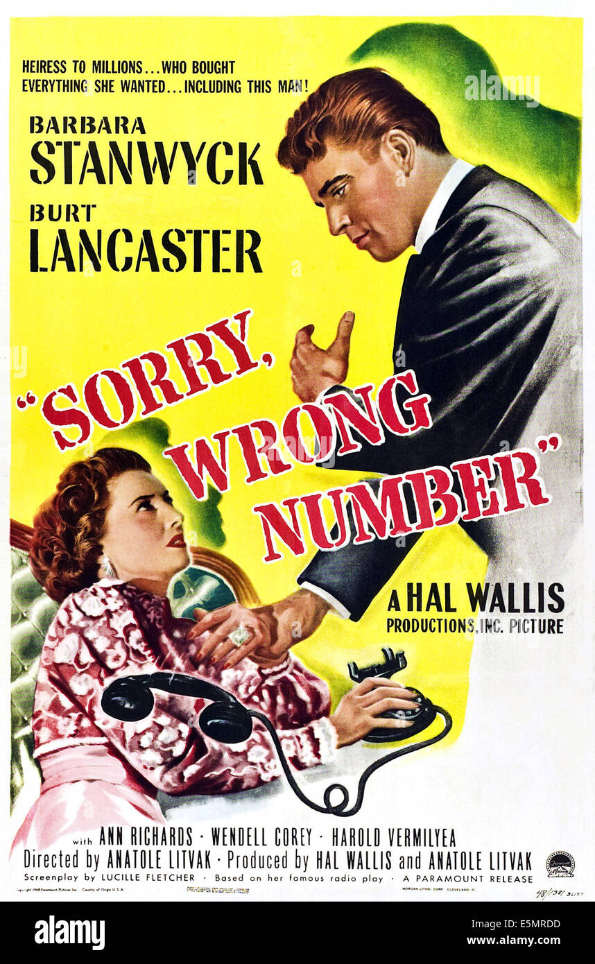 Désolé, mauvais numéro, (alias AL FILO DE LA NOCHE), Argentinan poster, Barbara Stanwyck, Burt Lancaster, 1948 Banque D'Images